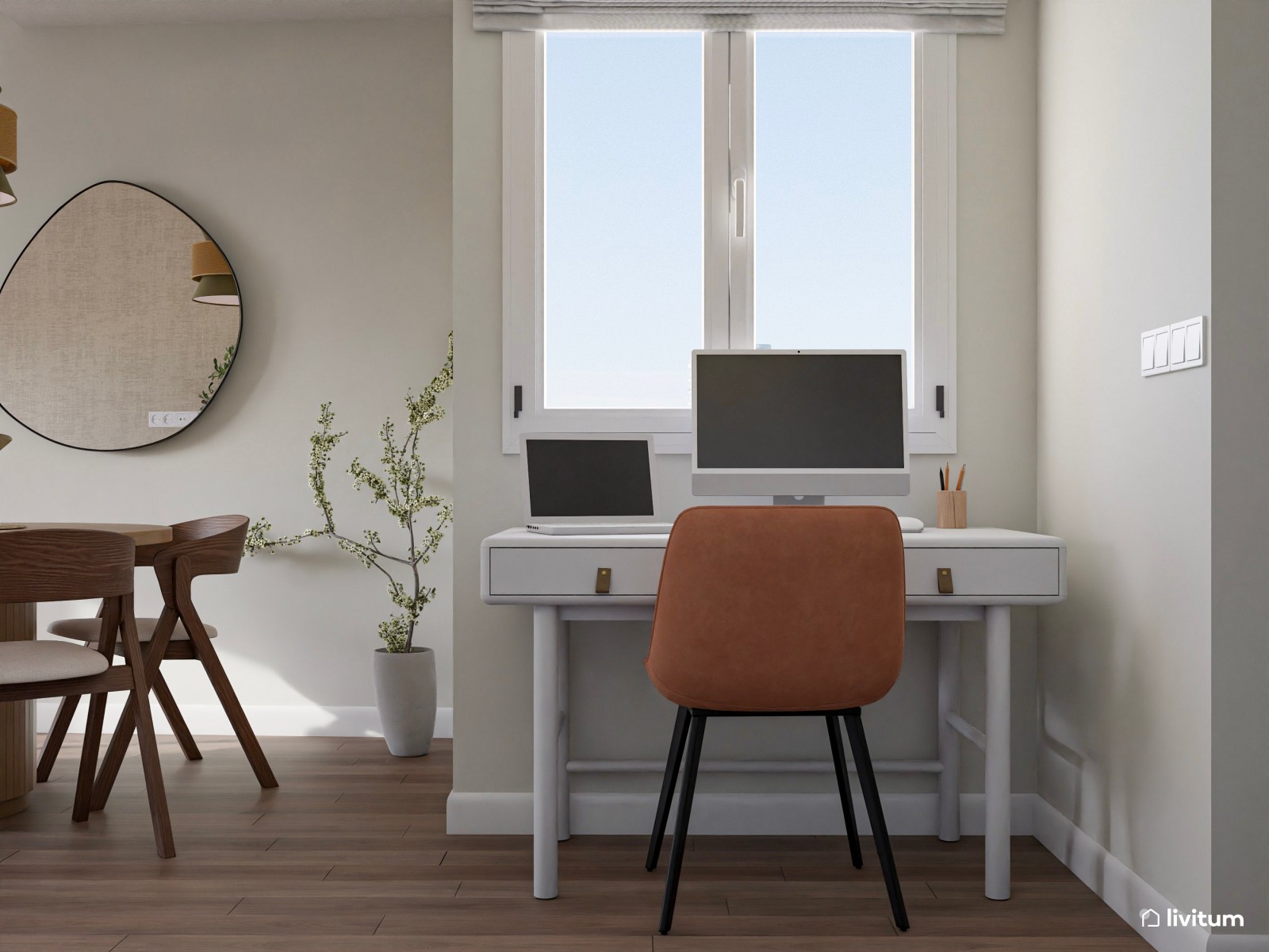 Elegante salón comedor con madera oscura y verde de 21 m² 