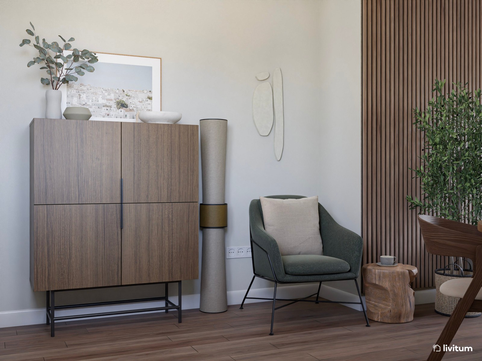 Elegante salón comedor con madera oscura y verde de 21 m² 