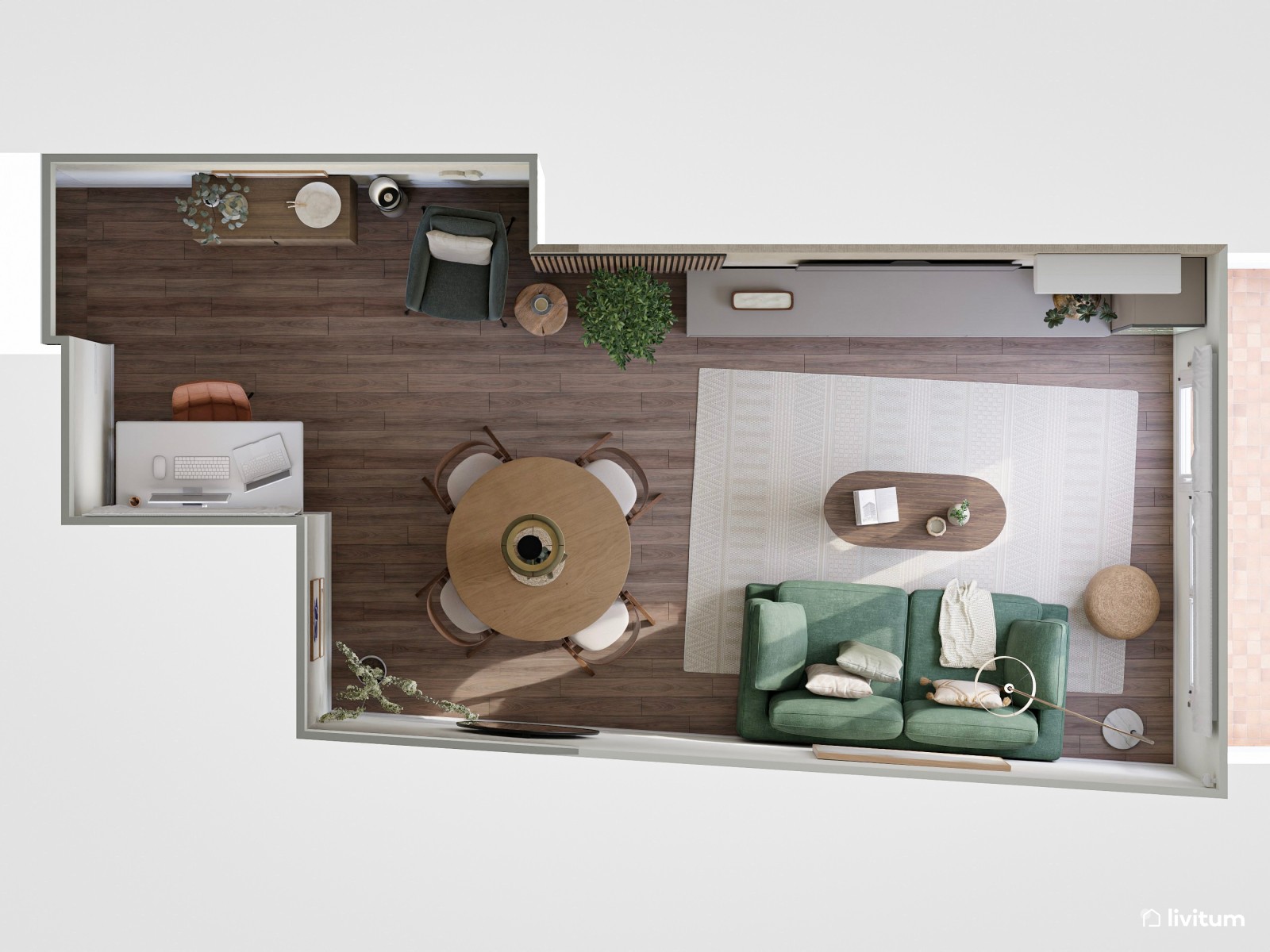 Elegante salón comedor con madera oscura y verde de 21 m² 