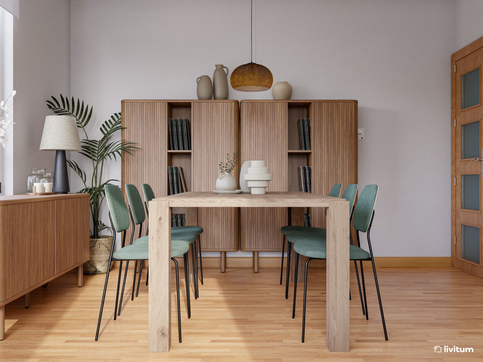 Elegante salón comedor con muebles de madera más oscura