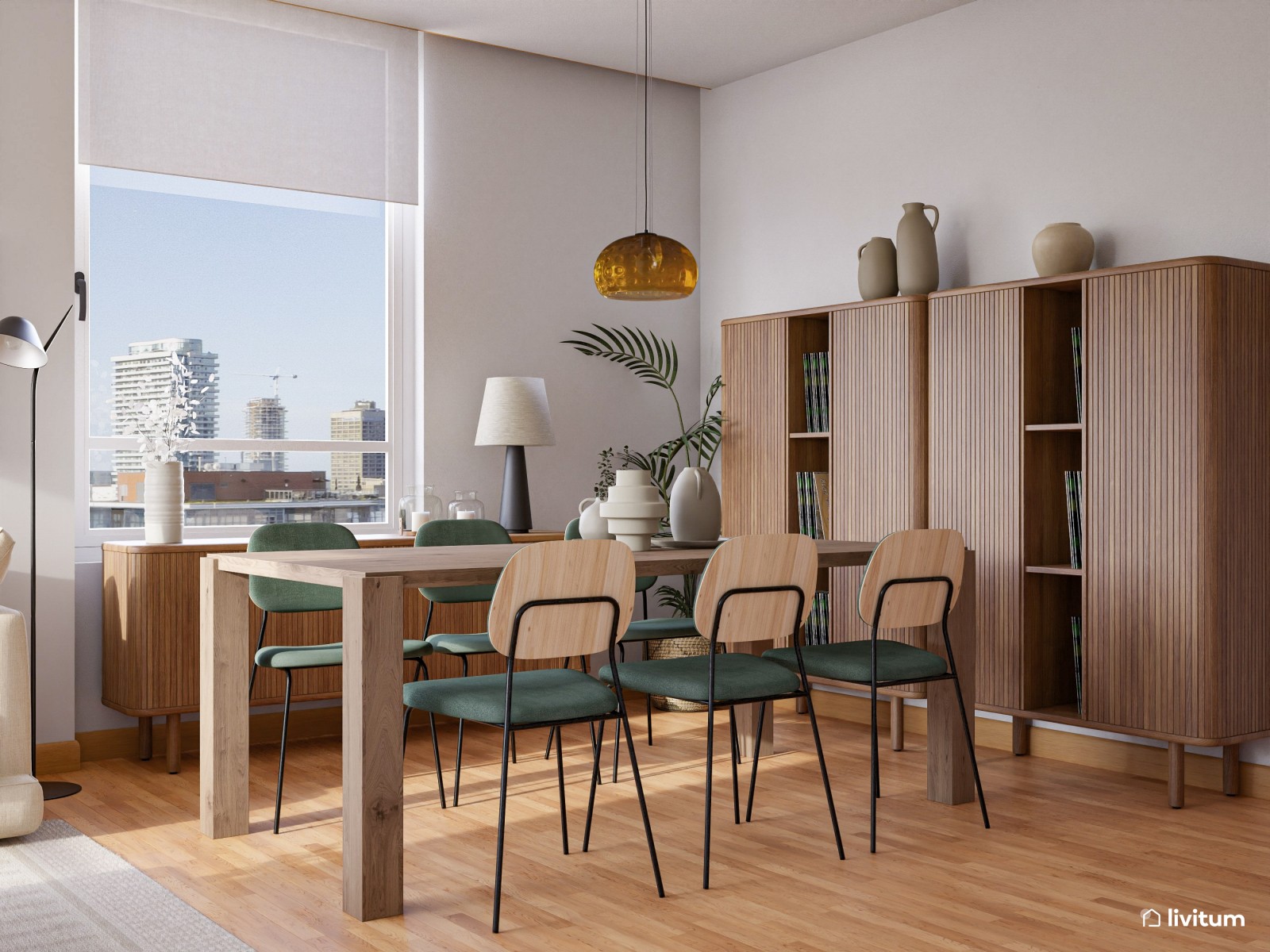 Elegante salón comedor con muebles de madera más oscura