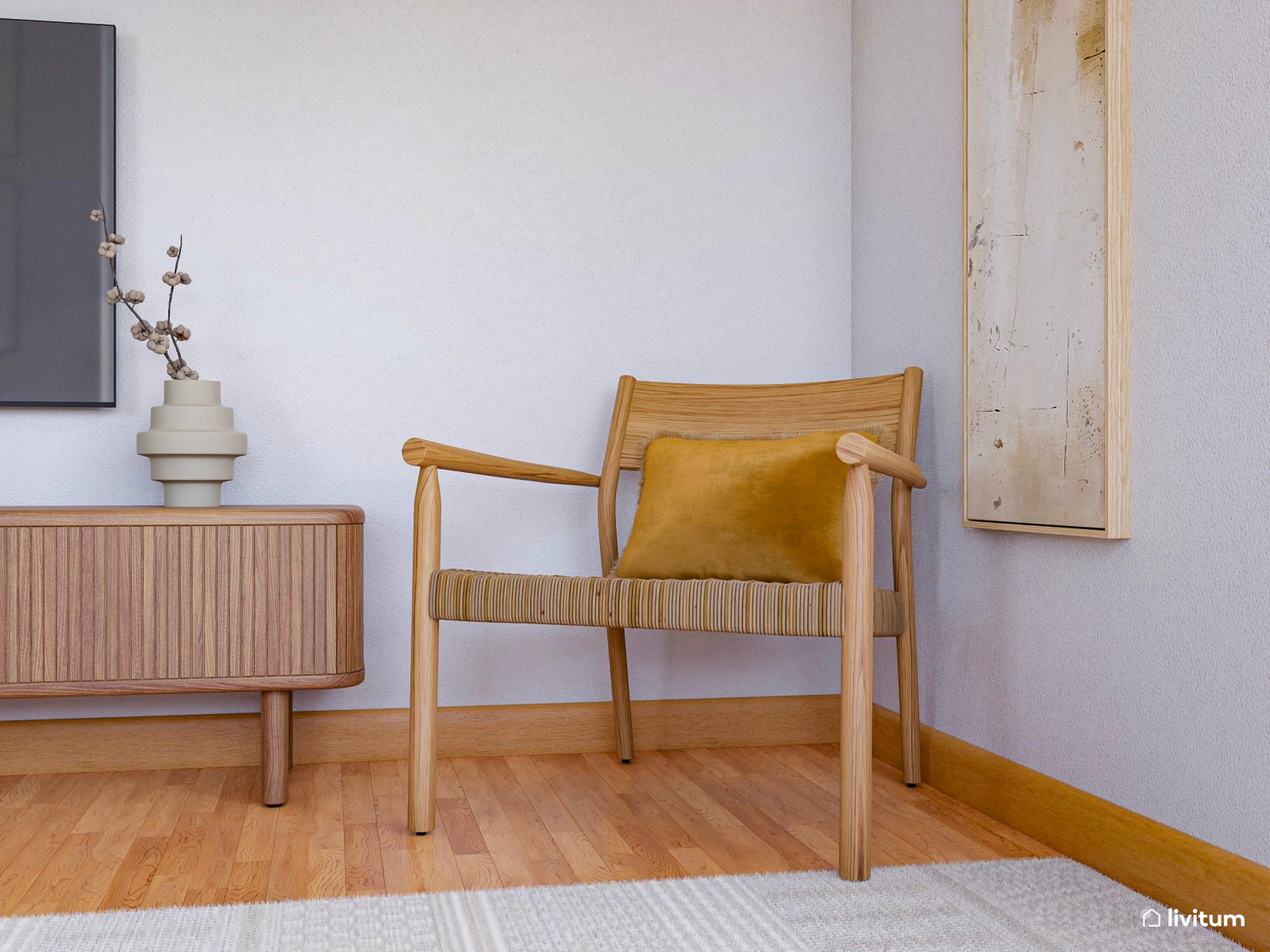 Elegante salón comedor con muebles de madera más oscura