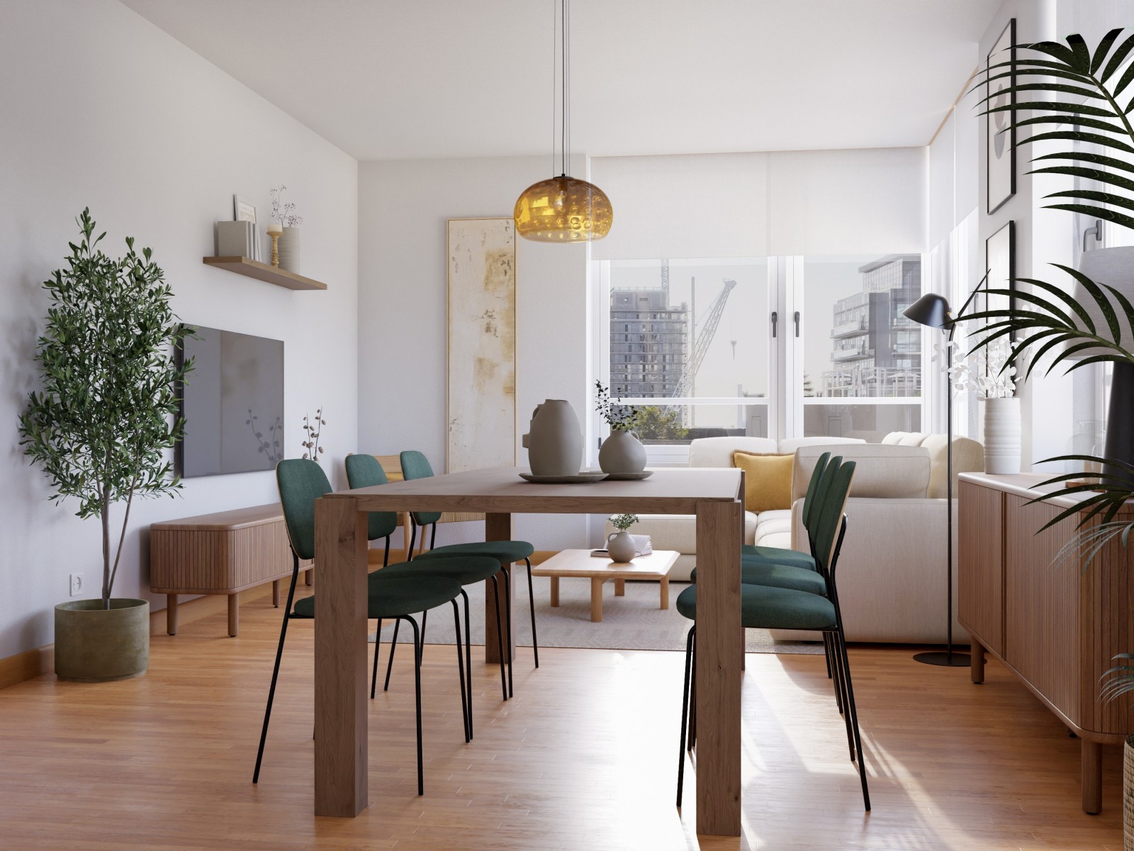 Elegante salón comedor con muebles de madera más oscura