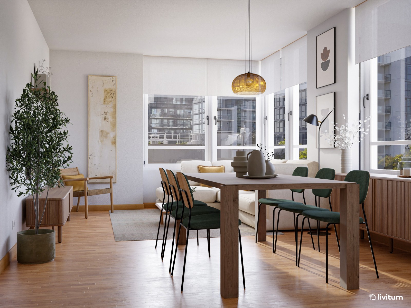 Elegante salón comedor con muebles de madera más oscura