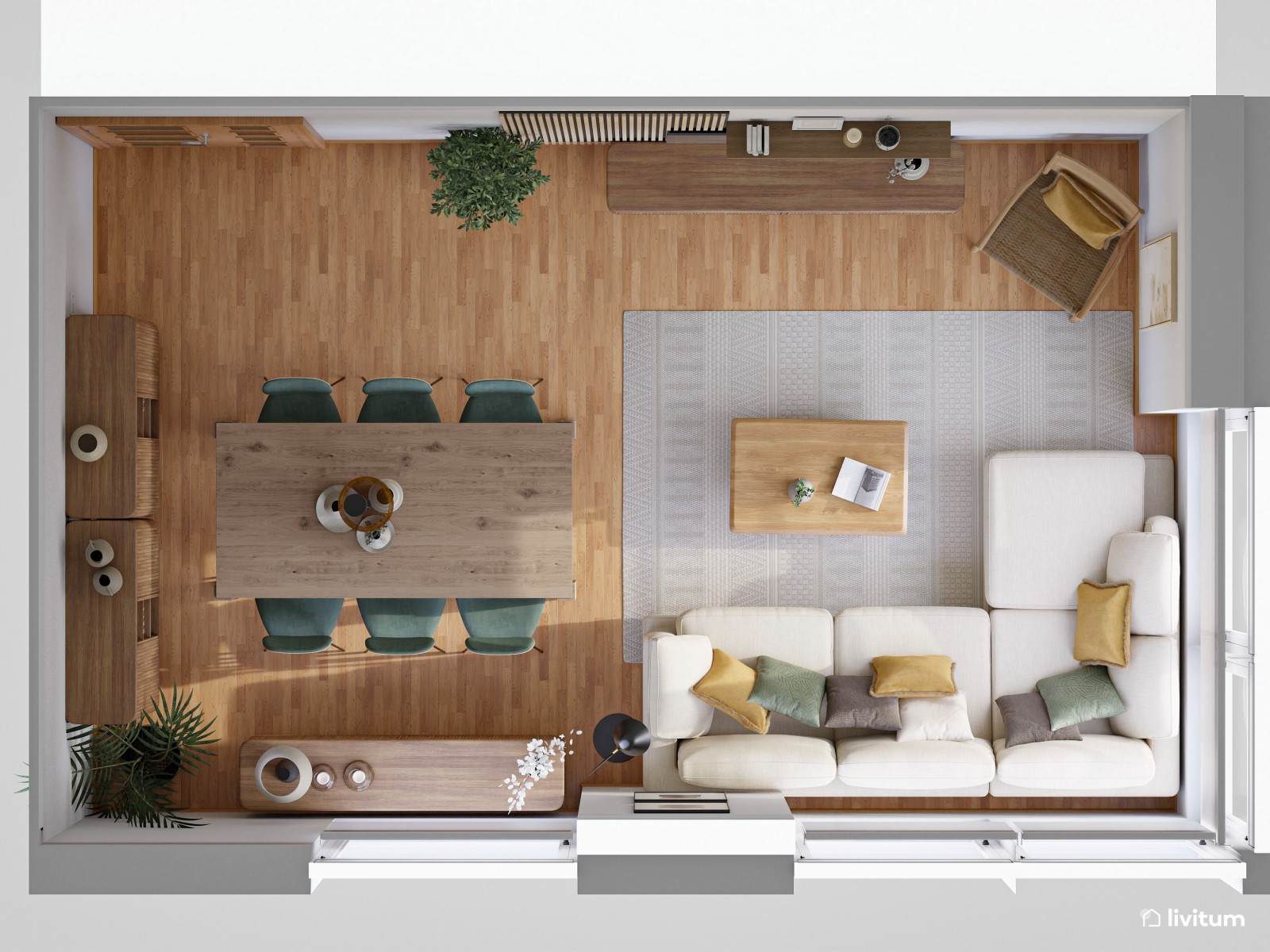 Elegante salón comedor con muebles de madera más oscura