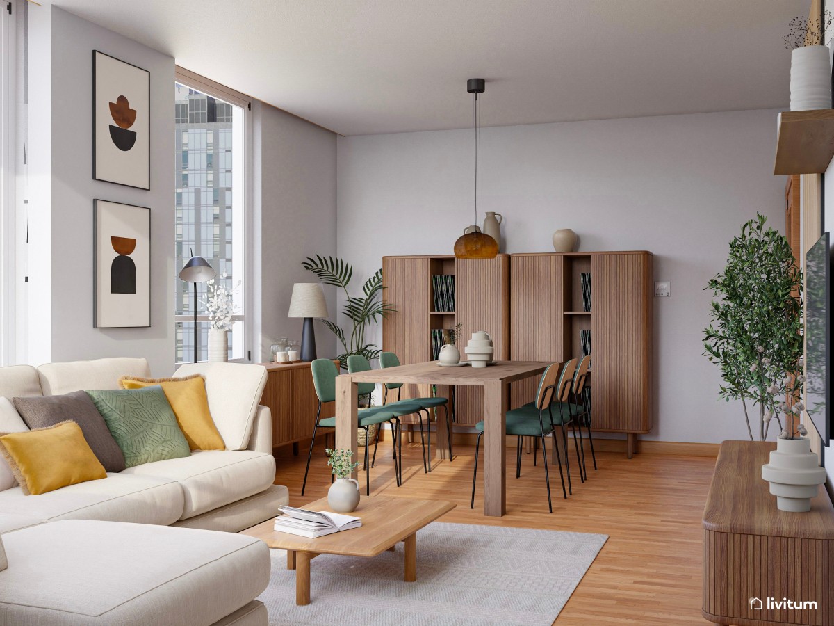 Elegante salón comedor con muebles de madera más oscura