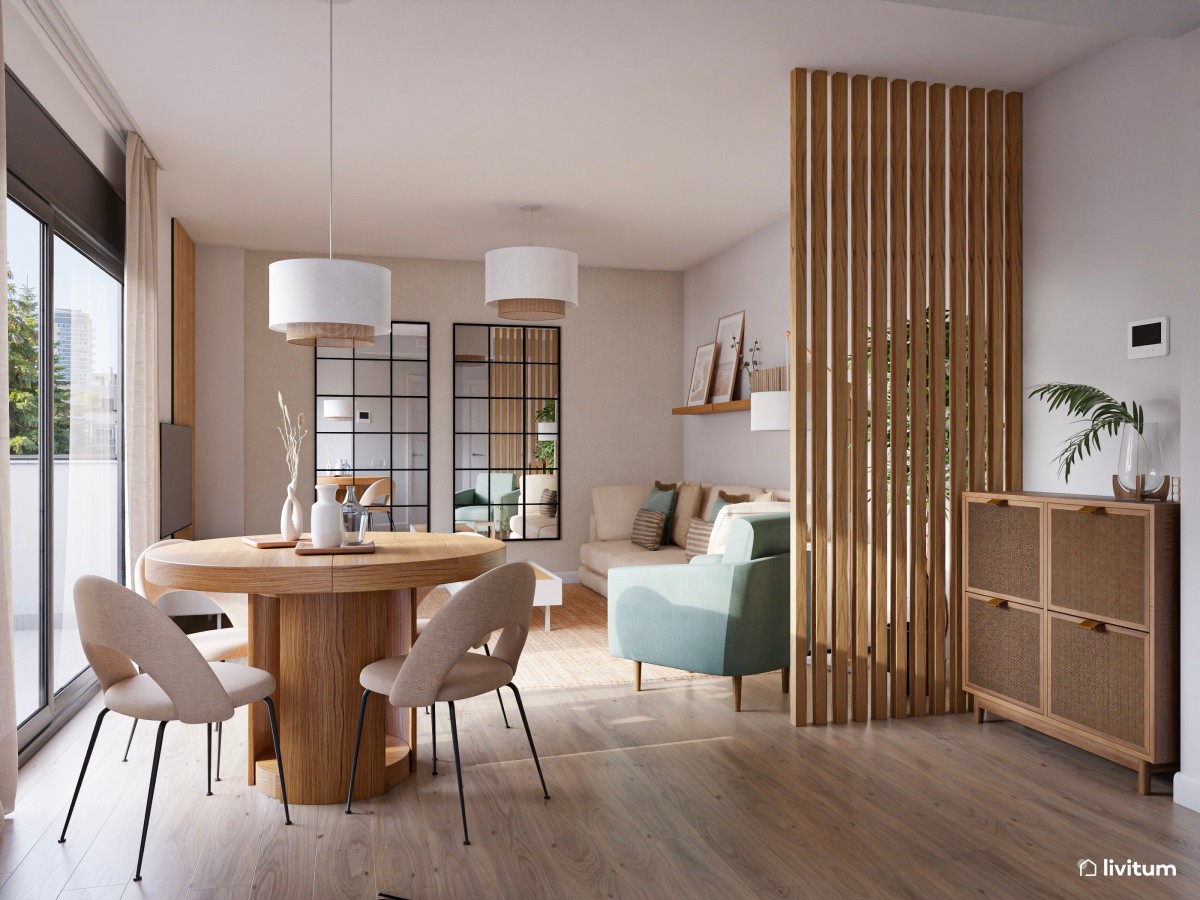 Elegante salón comedor con paneles de listones de madera y detalles en verde