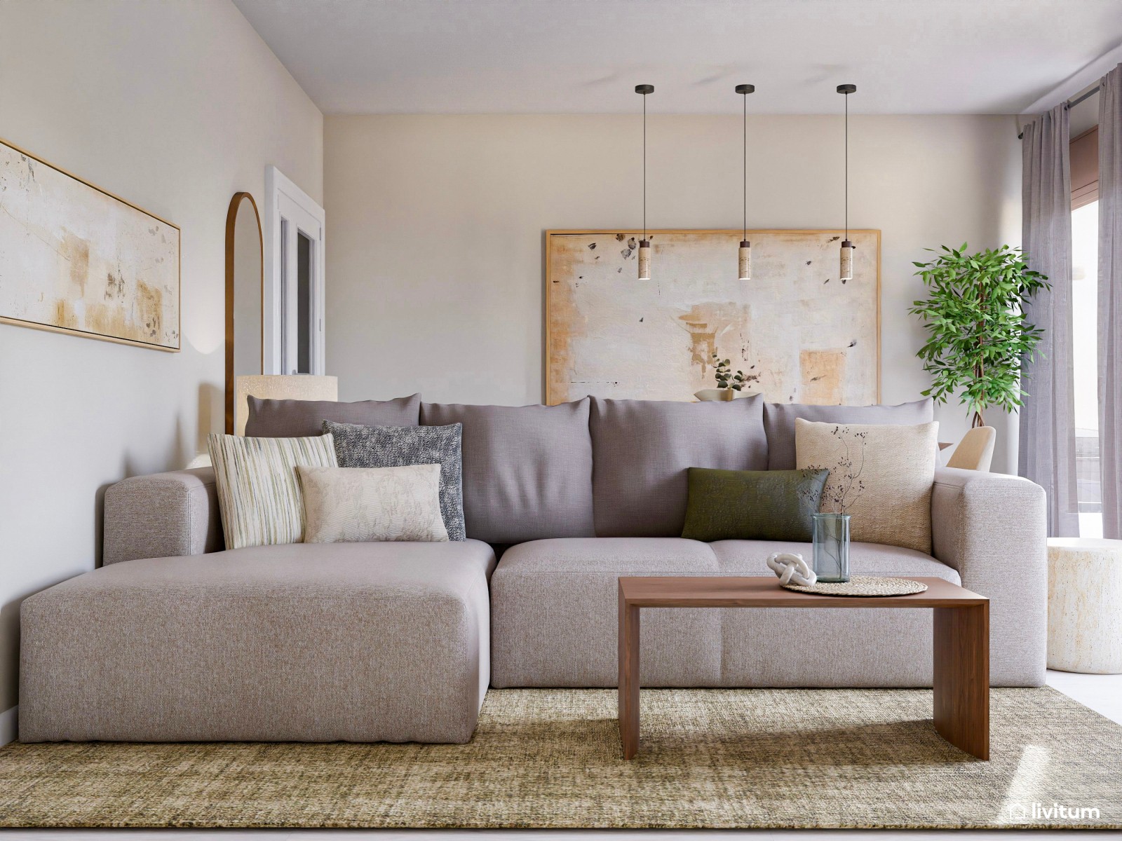 Elegante salón comedor con sofá a ras de suelo y madera oscura