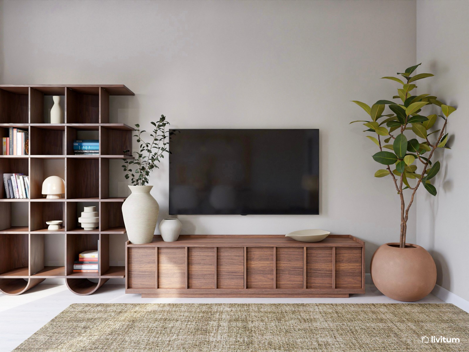 Elegante salón comedor con sofá a ras de suelo y madera oscura