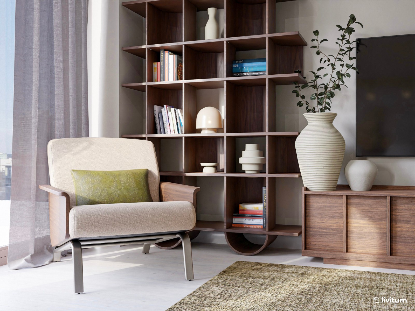 Elegante salón comedor con sofá a ras de suelo y madera oscura