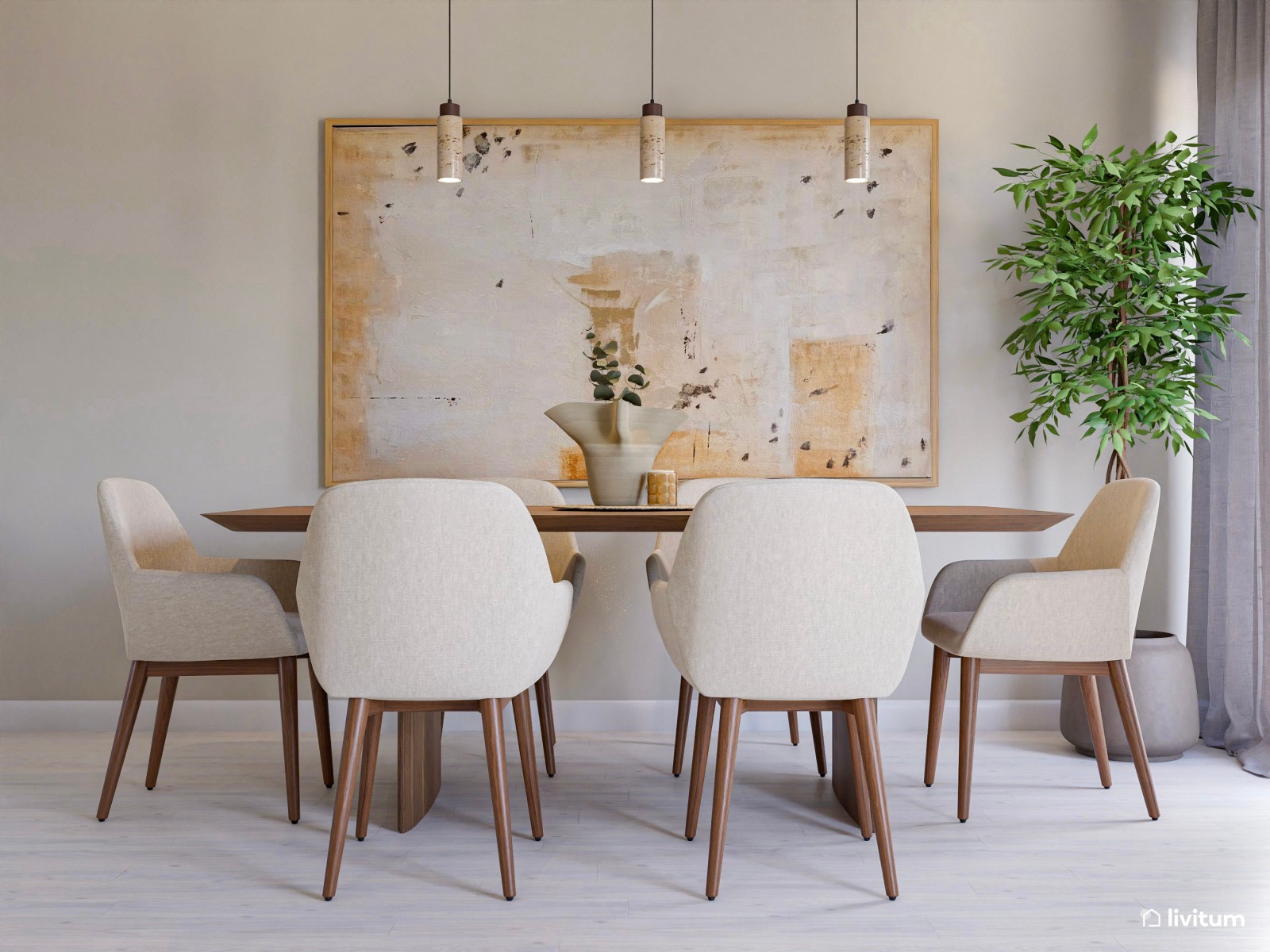 Elegante salón comedor con sofá a ras de suelo y madera oscura