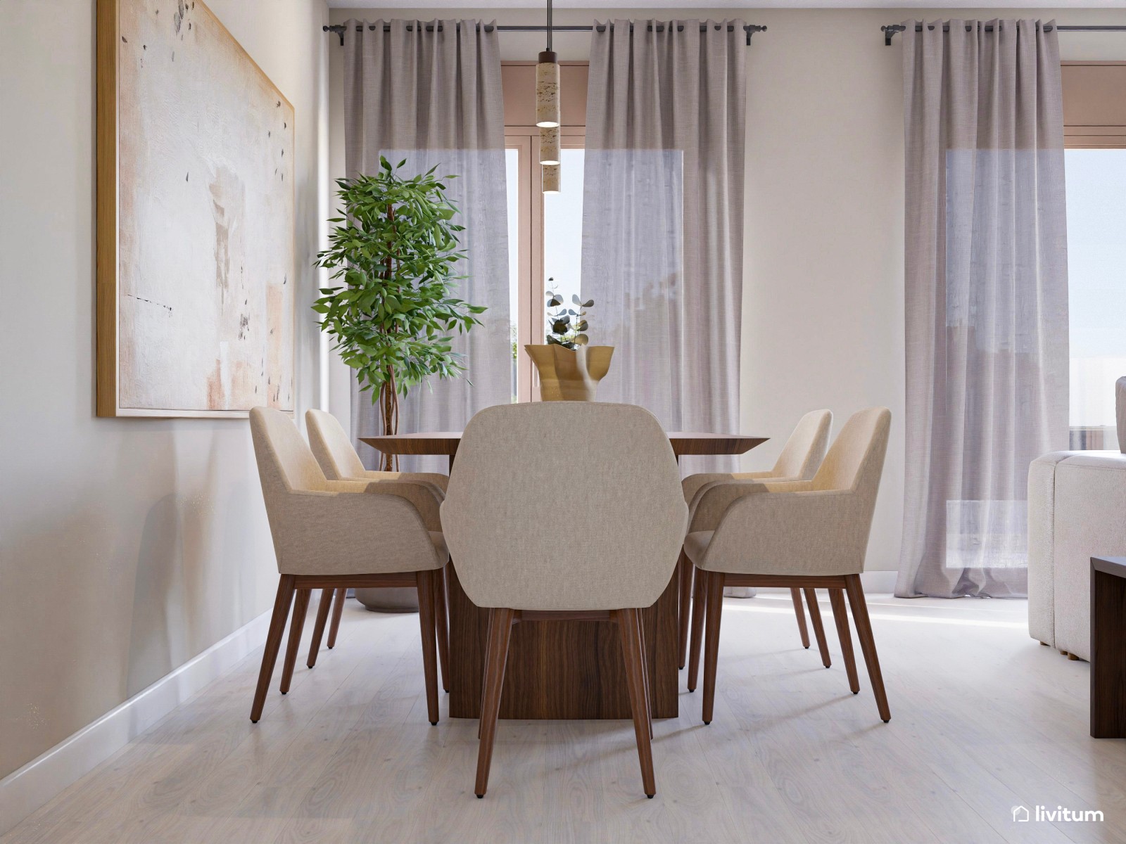 Elegante salón comedor con sofá a ras de suelo y madera oscura