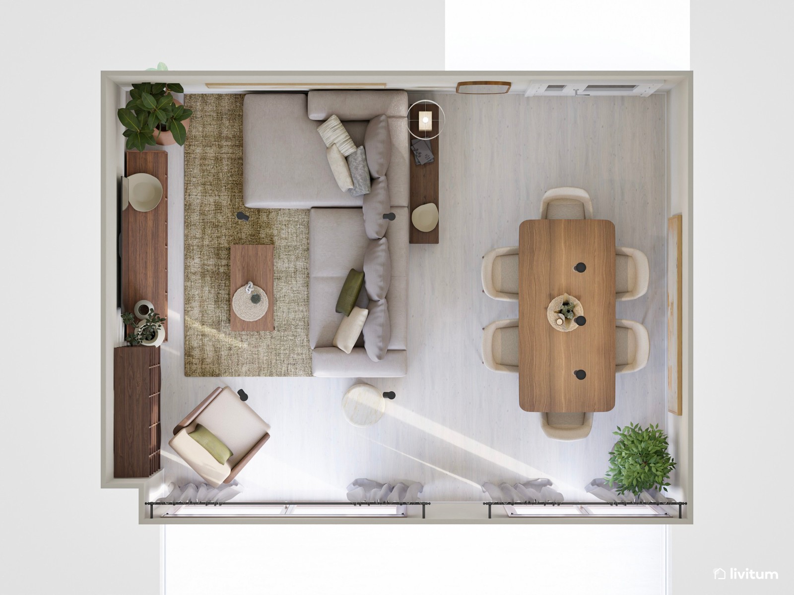 Elegante salón comedor con sofá a ras de suelo y madera oscura