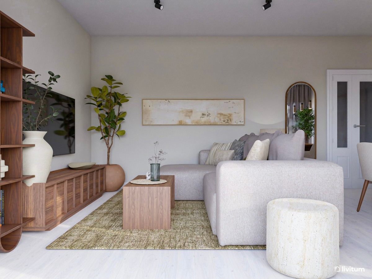 Elegante salón comedor con sofá a ras de suelo y madera oscura