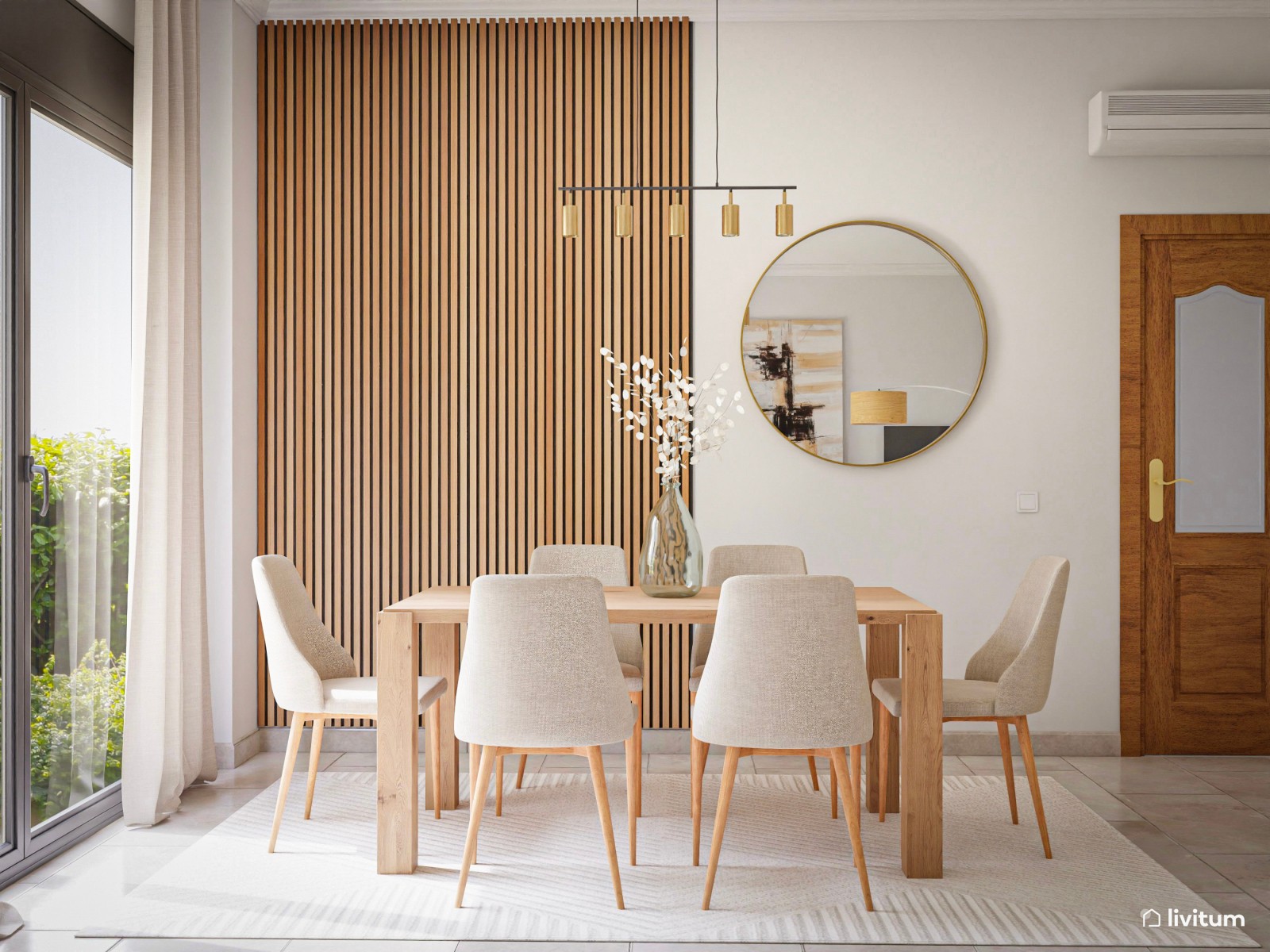 Elegante salón comedor con sofá verde y listones de madera 