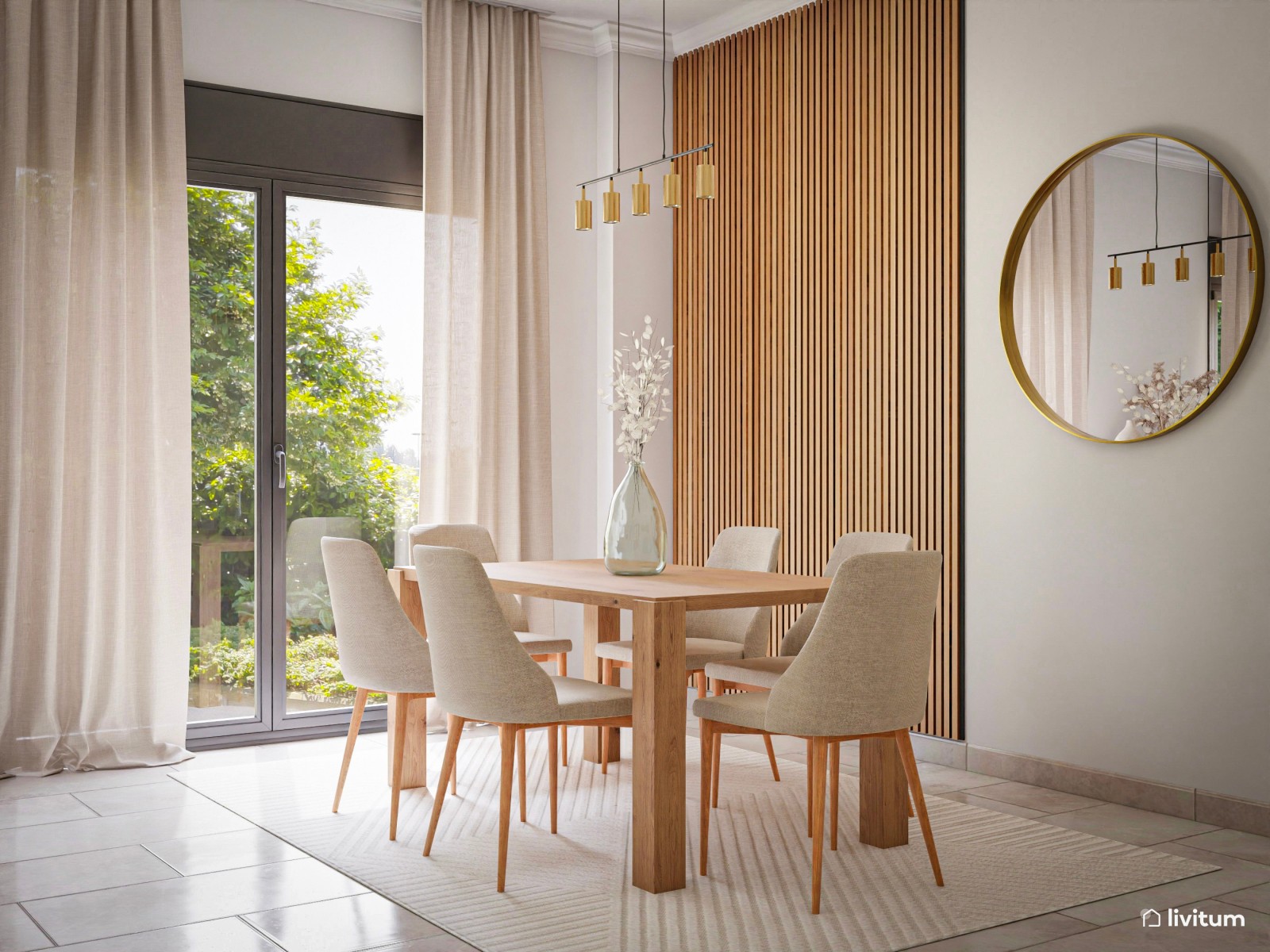 Elegante salón comedor con sofá verde y listones de madera 