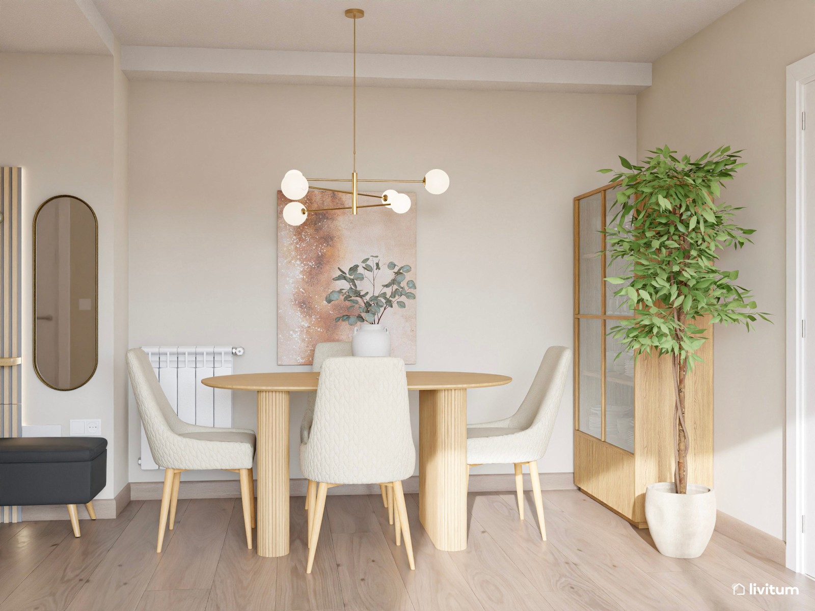 Elegante salón comedor de estilo minimalista con detalles dorados