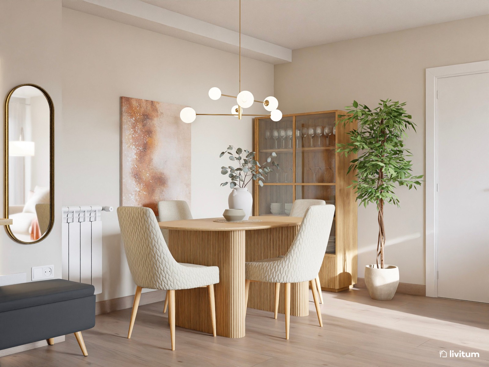 Elegante salón comedor de estilo minimalista con detalles dorados
