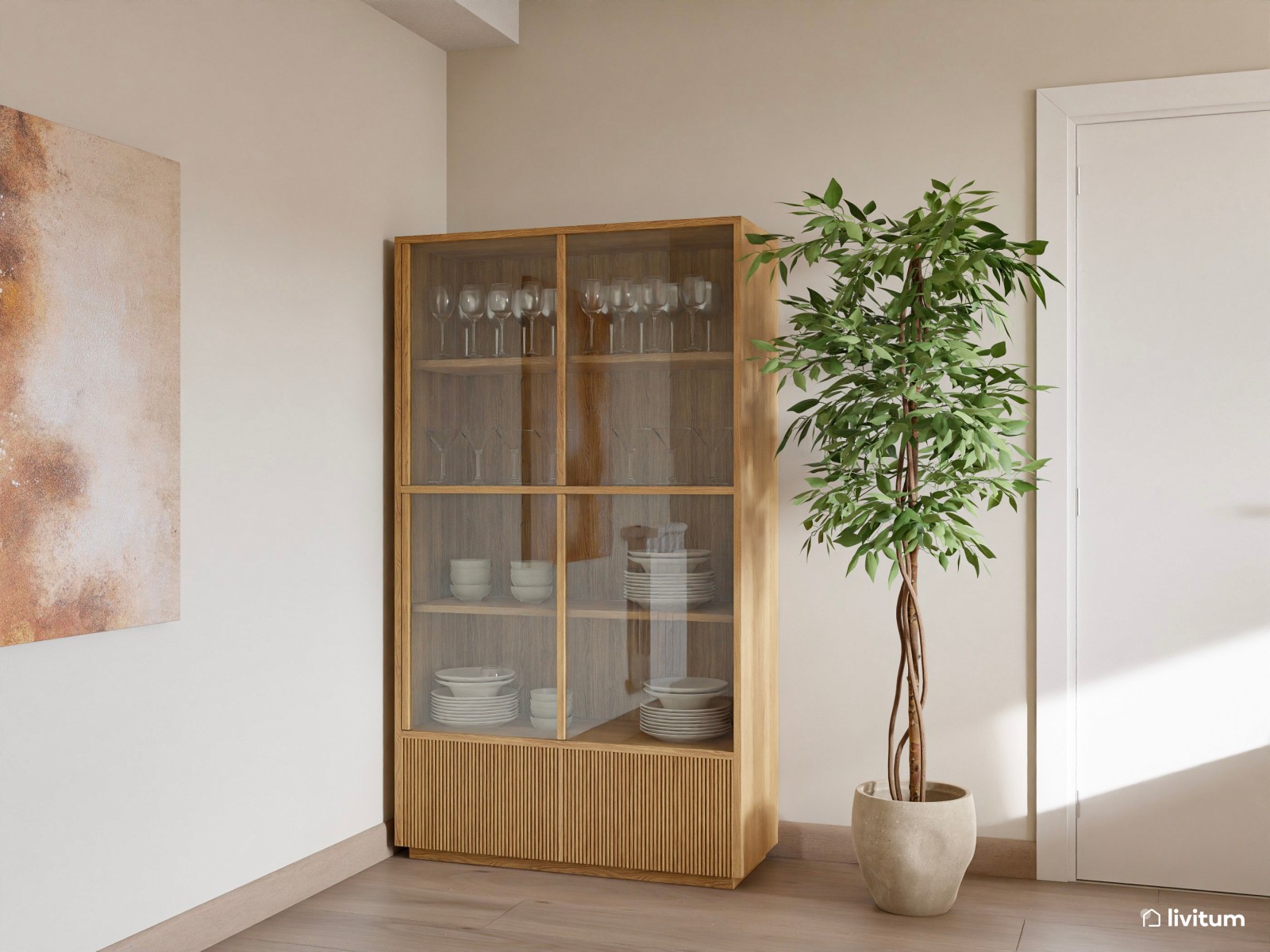 Elegante salón comedor de estilo minimalista con detalles dorados