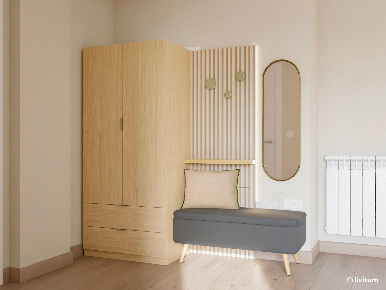 Elegante salón comedor de estilo minimalista con detalles dorados