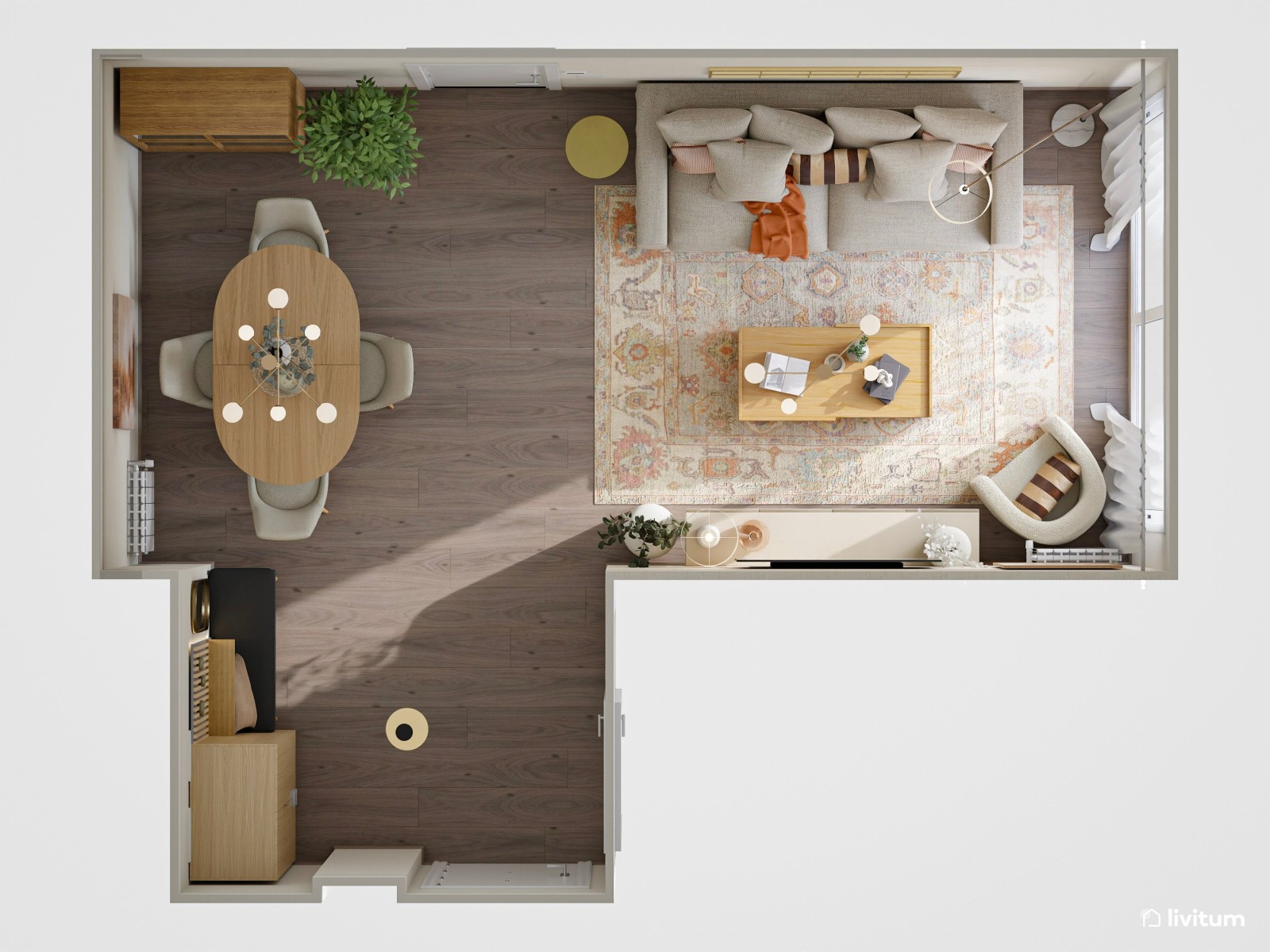 Elegante salón comedor de estilo minimalista con detalles dorados