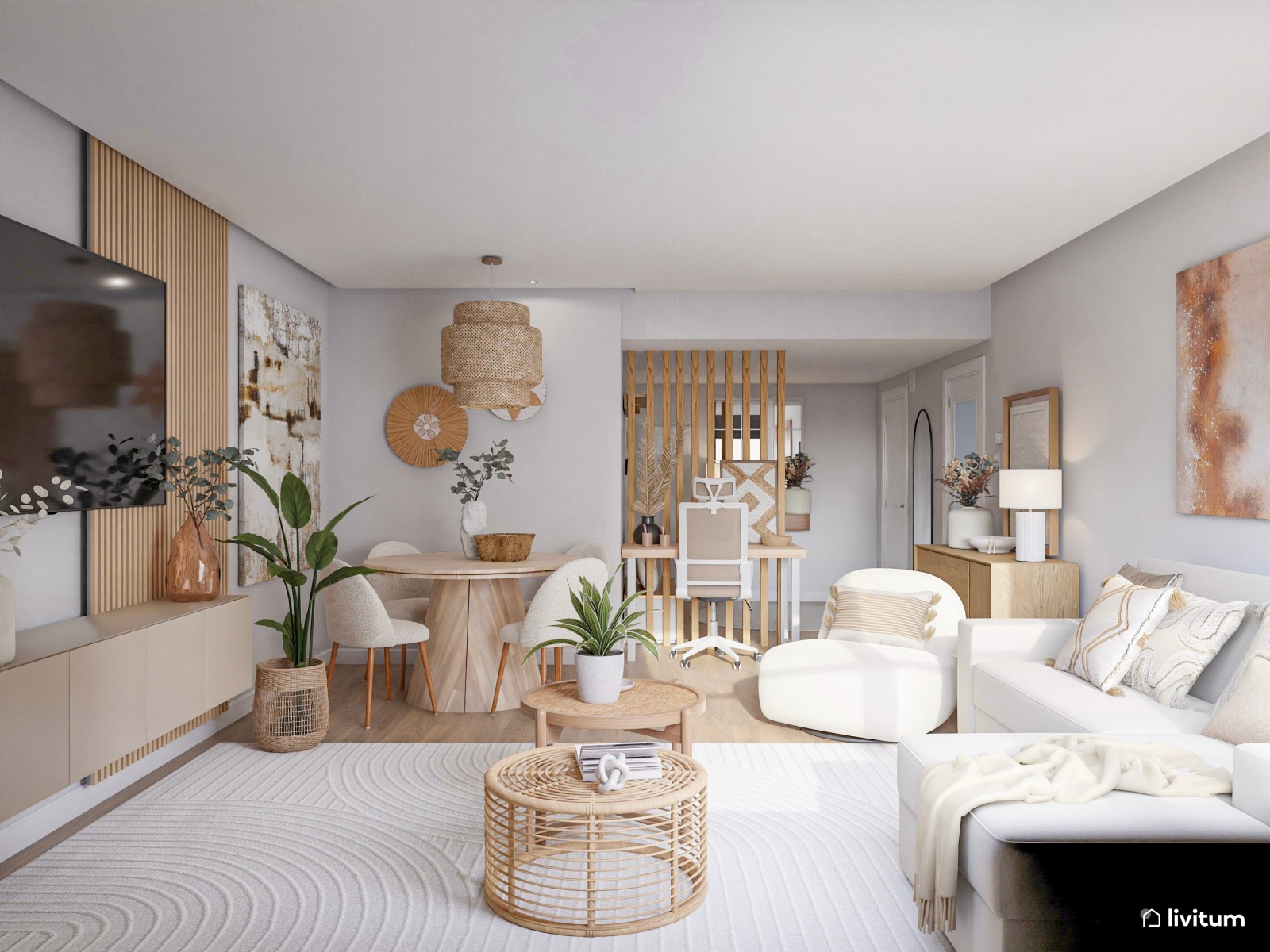 Elegante salón comedor de estilo nórdico con mucha madera y fibras naturales