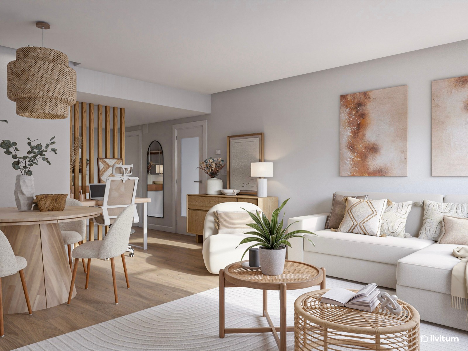 Elegante salón comedor de estilo nórdico con mucha madera y fibras naturales