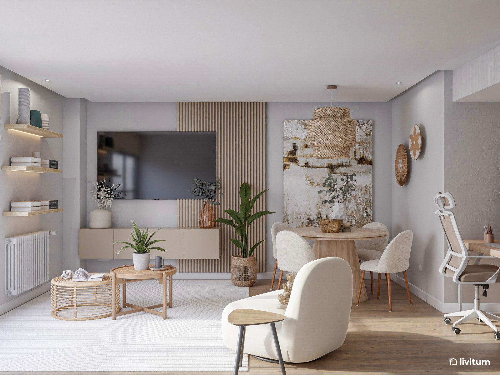 Elegante salón comedor de estilo nórdico con mucha madera y fibras naturales