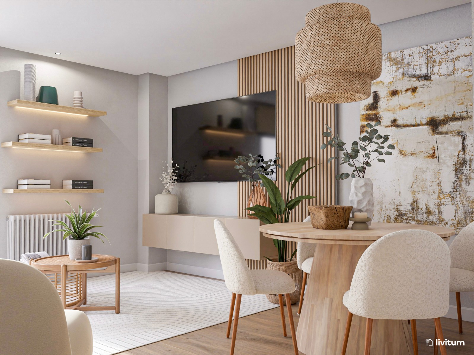 Elegante salón comedor de estilo nórdico con mucha madera y fibras naturales