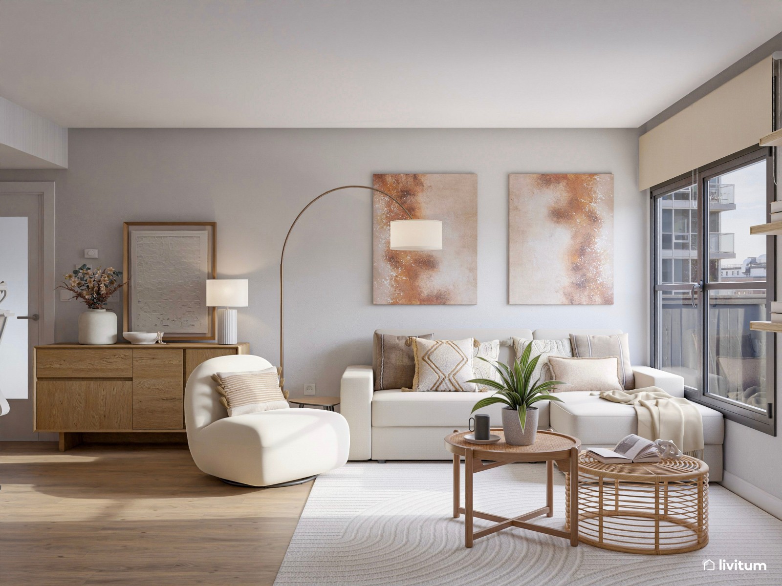 Elegante salón comedor de estilo nórdico con mucha madera y fibras naturales