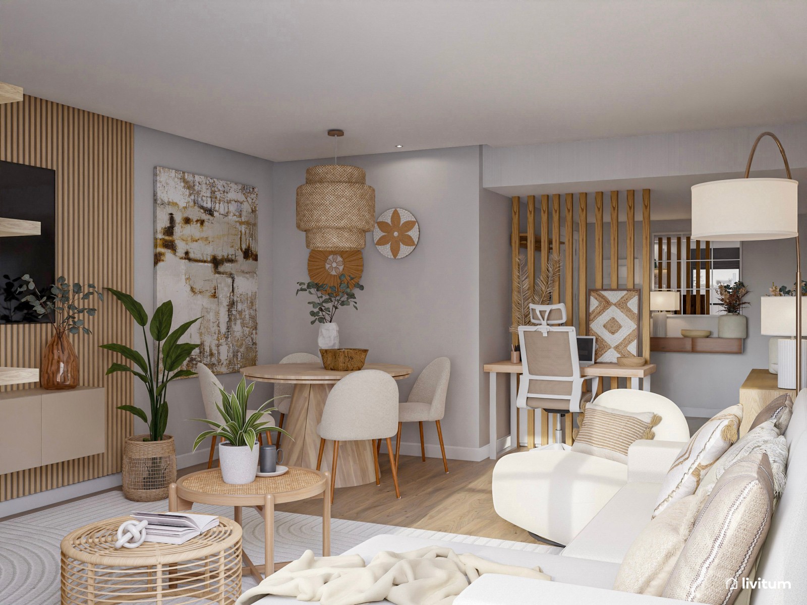 Elegante salón comedor de estilo nórdico con mucha madera y fibras naturales