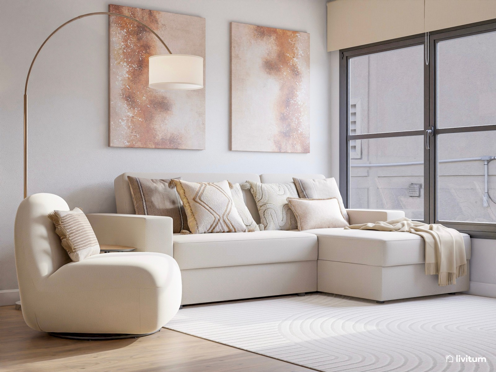 Elegante salón comedor de estilo nórdico con mucha madera y fibras naturales