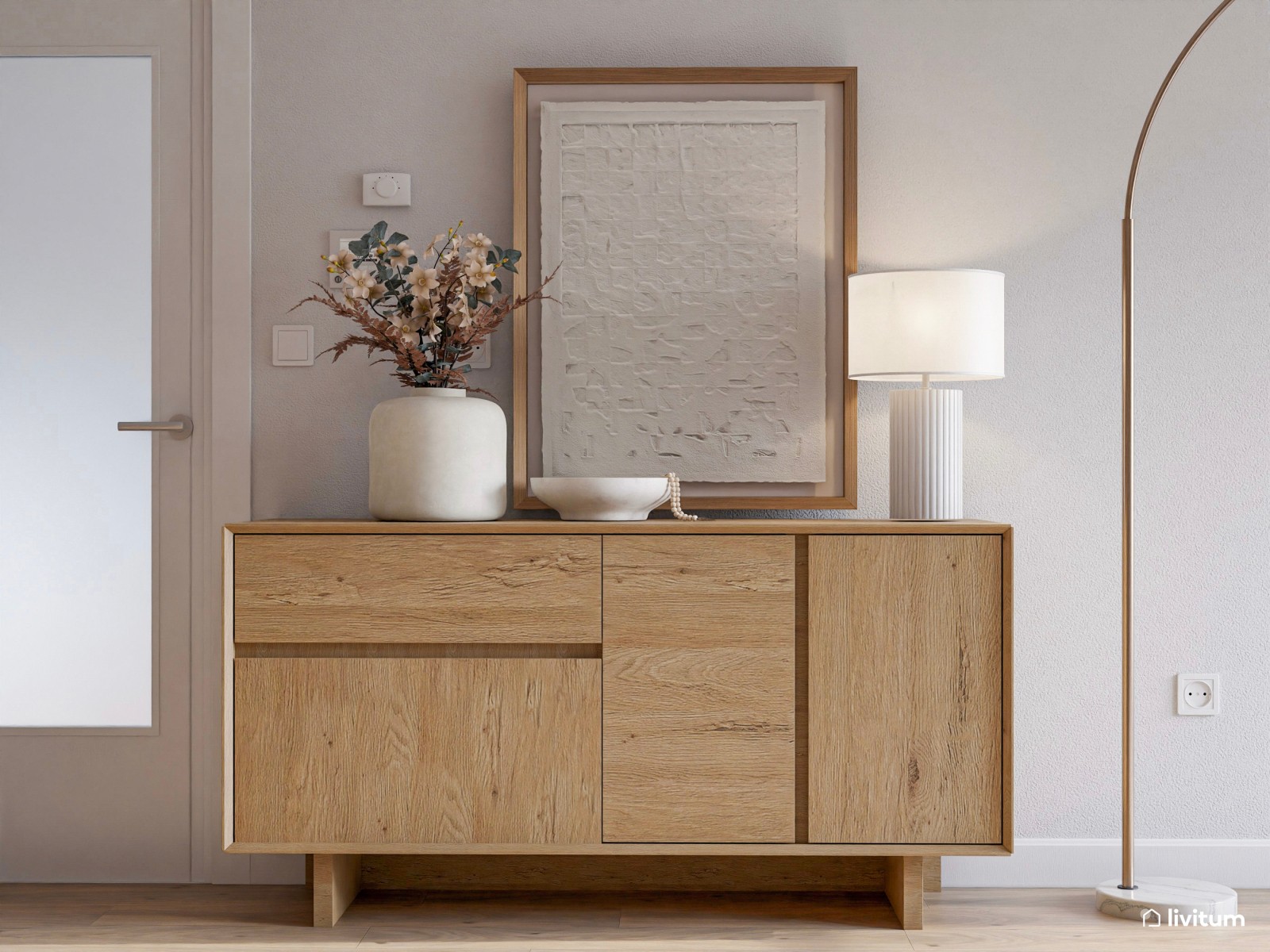 Elegante salón comedor de estilo nórdico con mucha madera y fibras naturales