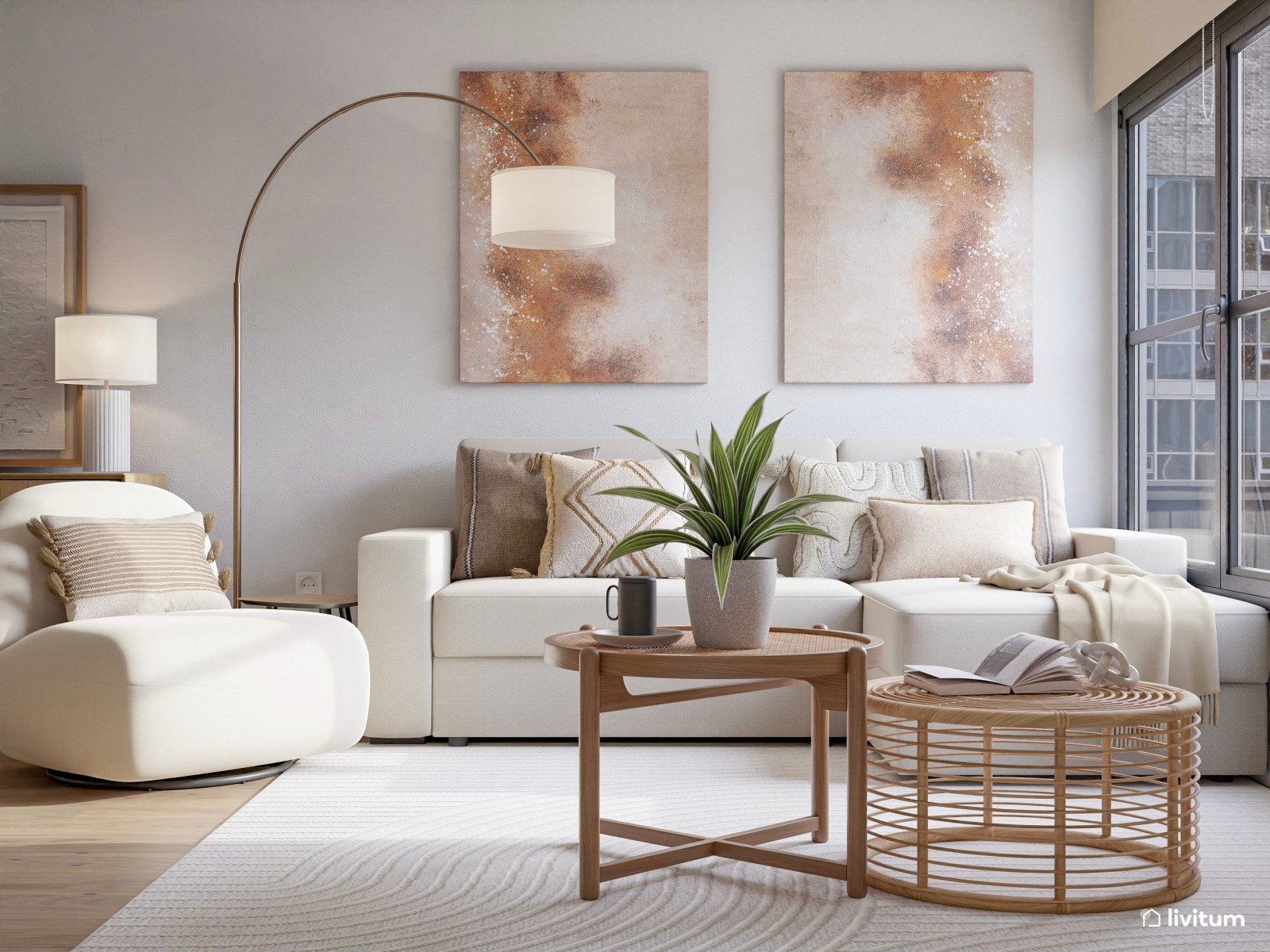 Elegante salón comedor de estilo nórdico con mucha madera y fibras naturales