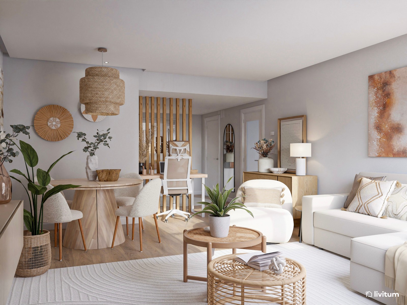 Elegante salón comedor de estilo nórdico con mucha madera y fibras naturales