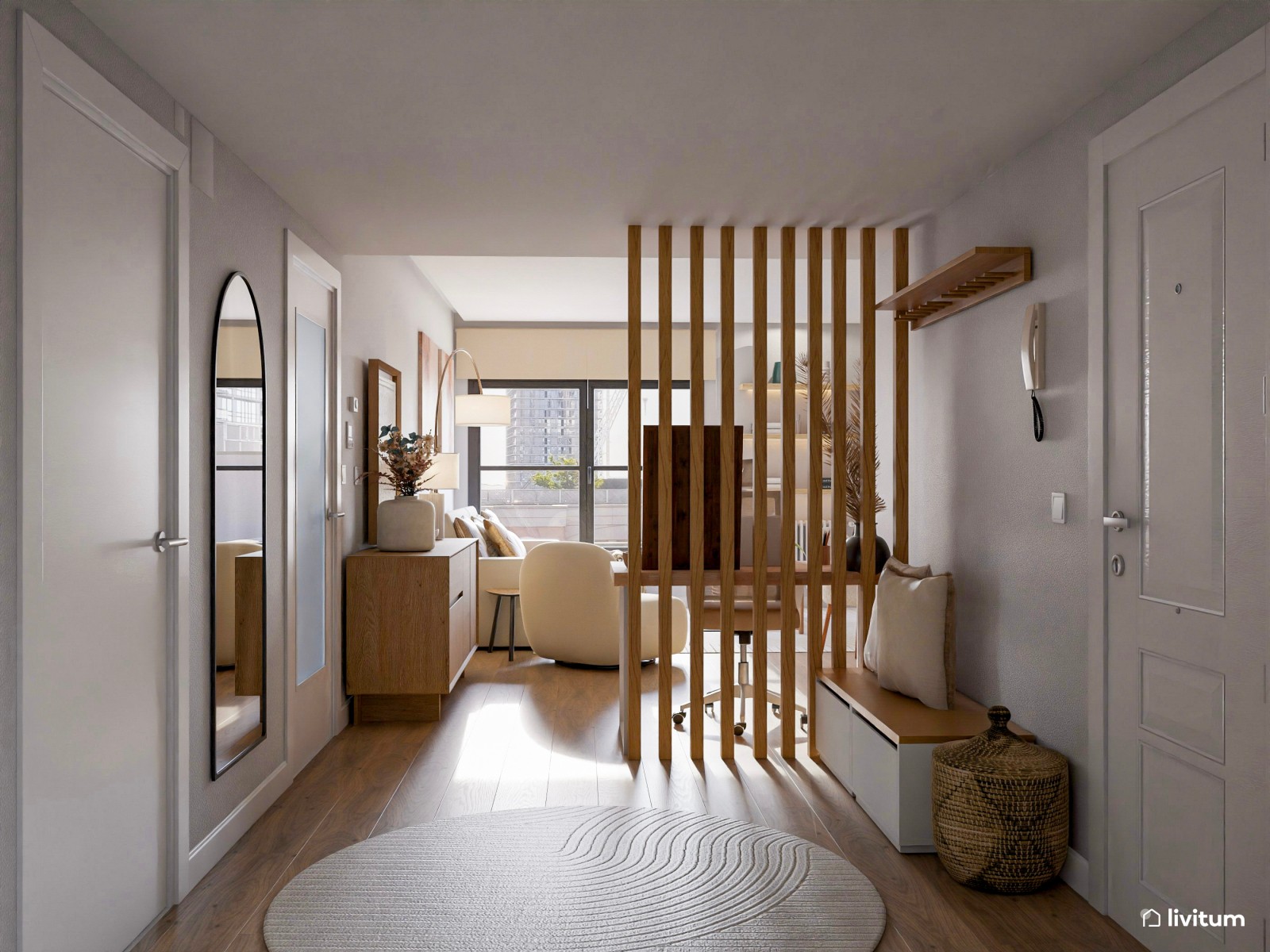 Elegante salón comedor de estilo nórdico con mucha madera y fibras naturales