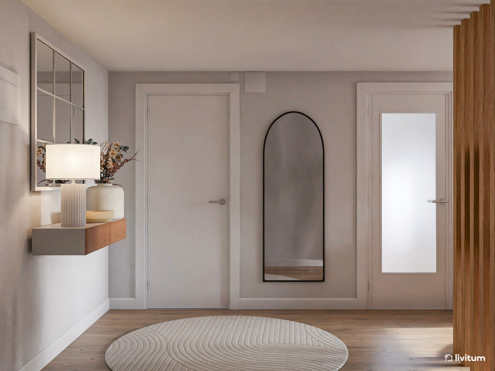 Elegante salón comedor de estilo nórdico con mucha madera y fibras naturales