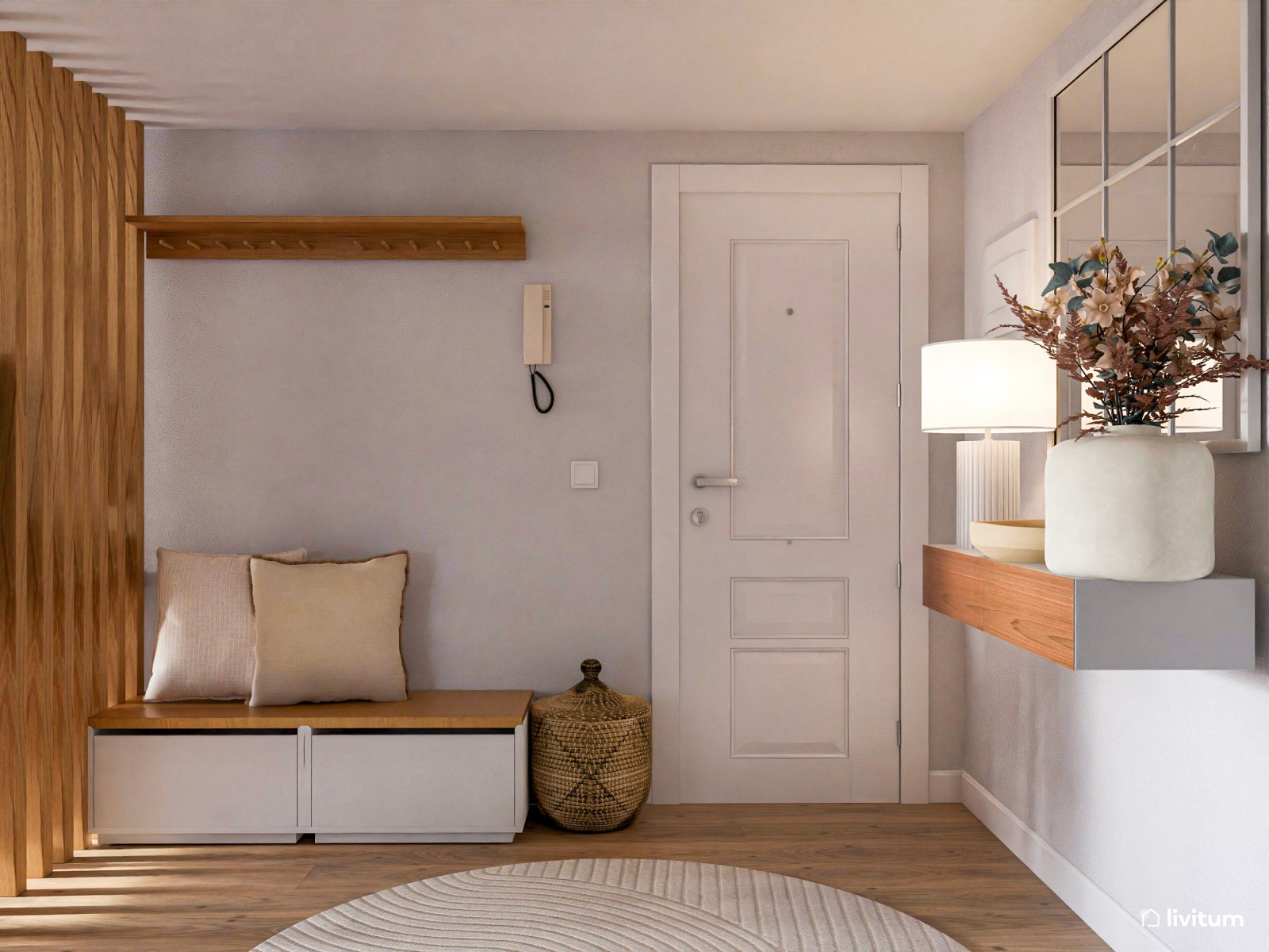 Elegante salón comedor de estilo nórdico con mucha madera y fibras naturales