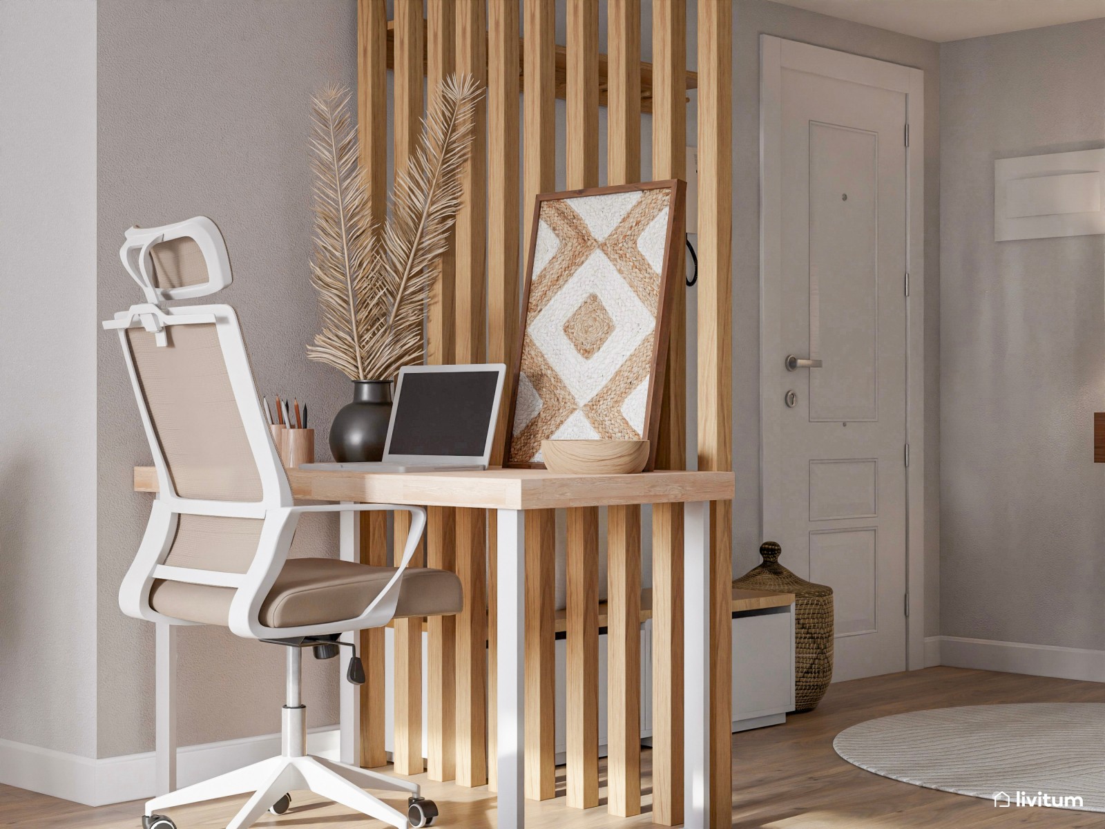 Elegante salón comedor de estilo nórdico con mucha madera y fibras naturales