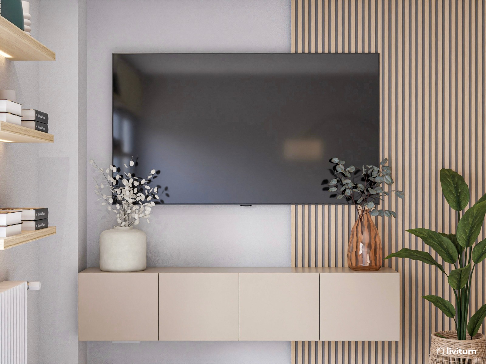 Elegante salón comedor de estilo nórdico con mucha madera y fibras naturales