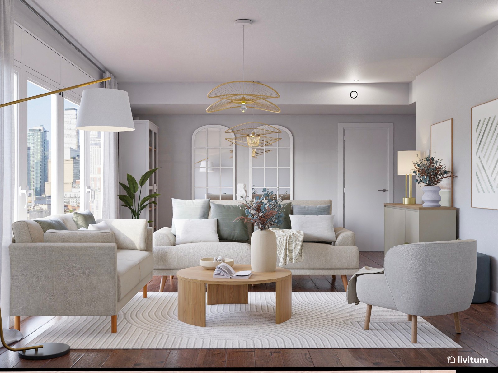 Elegante salón comedor de formas geométricas y acústica optimizada