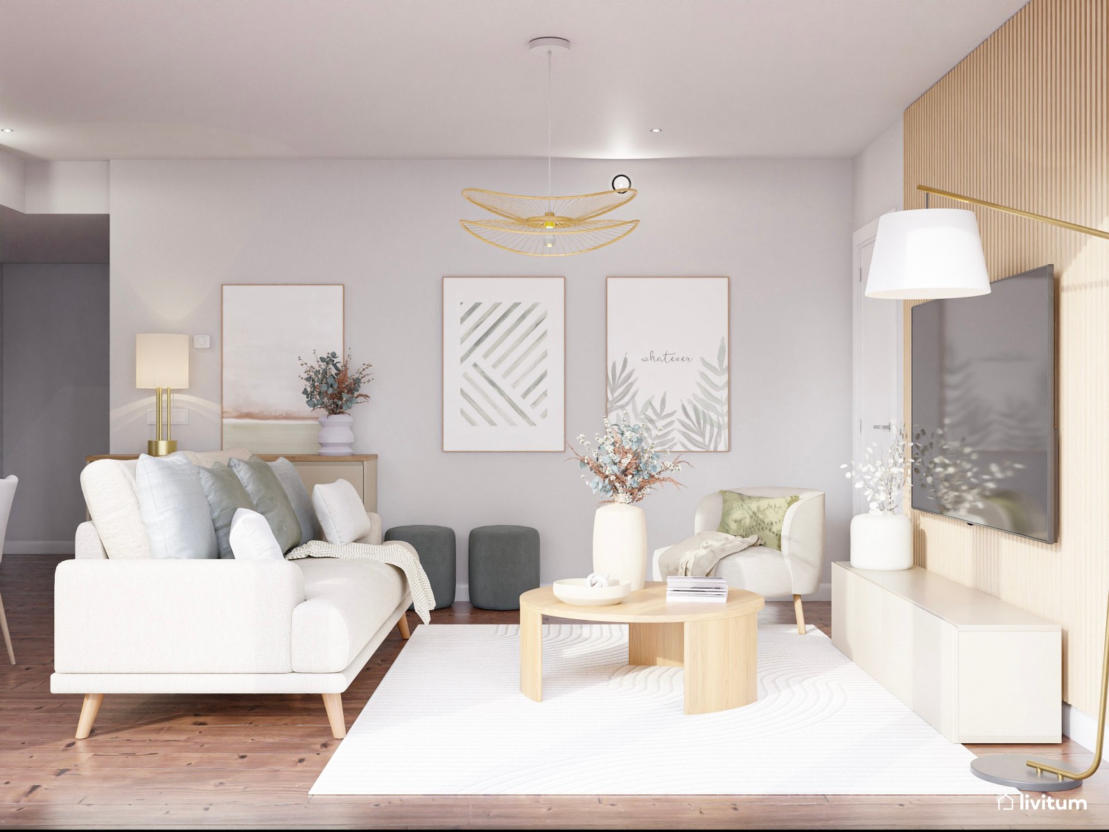 Elegante salón comedor de formas geométricas y acústica optimizada