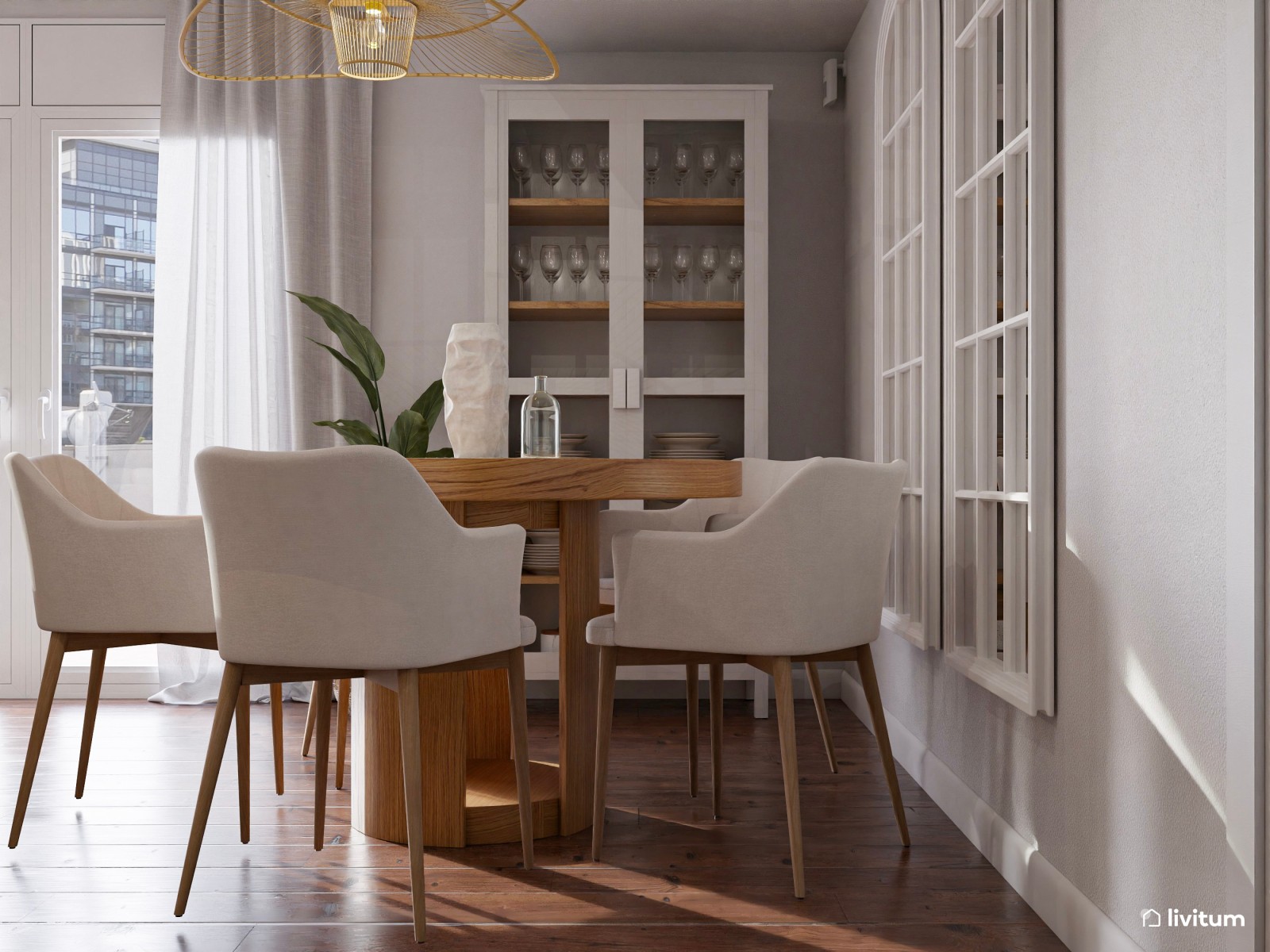 Elegante salón comedor de formas geométricas y acústica optimizada