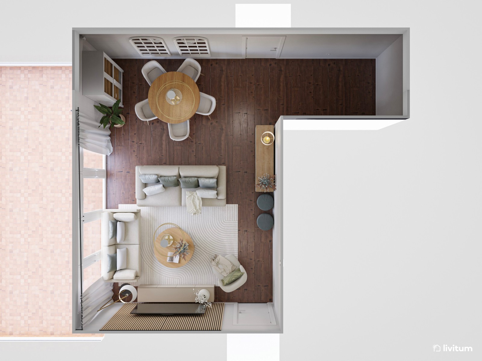 Elegante salón comedor de formas geométricas y acústica optimizada