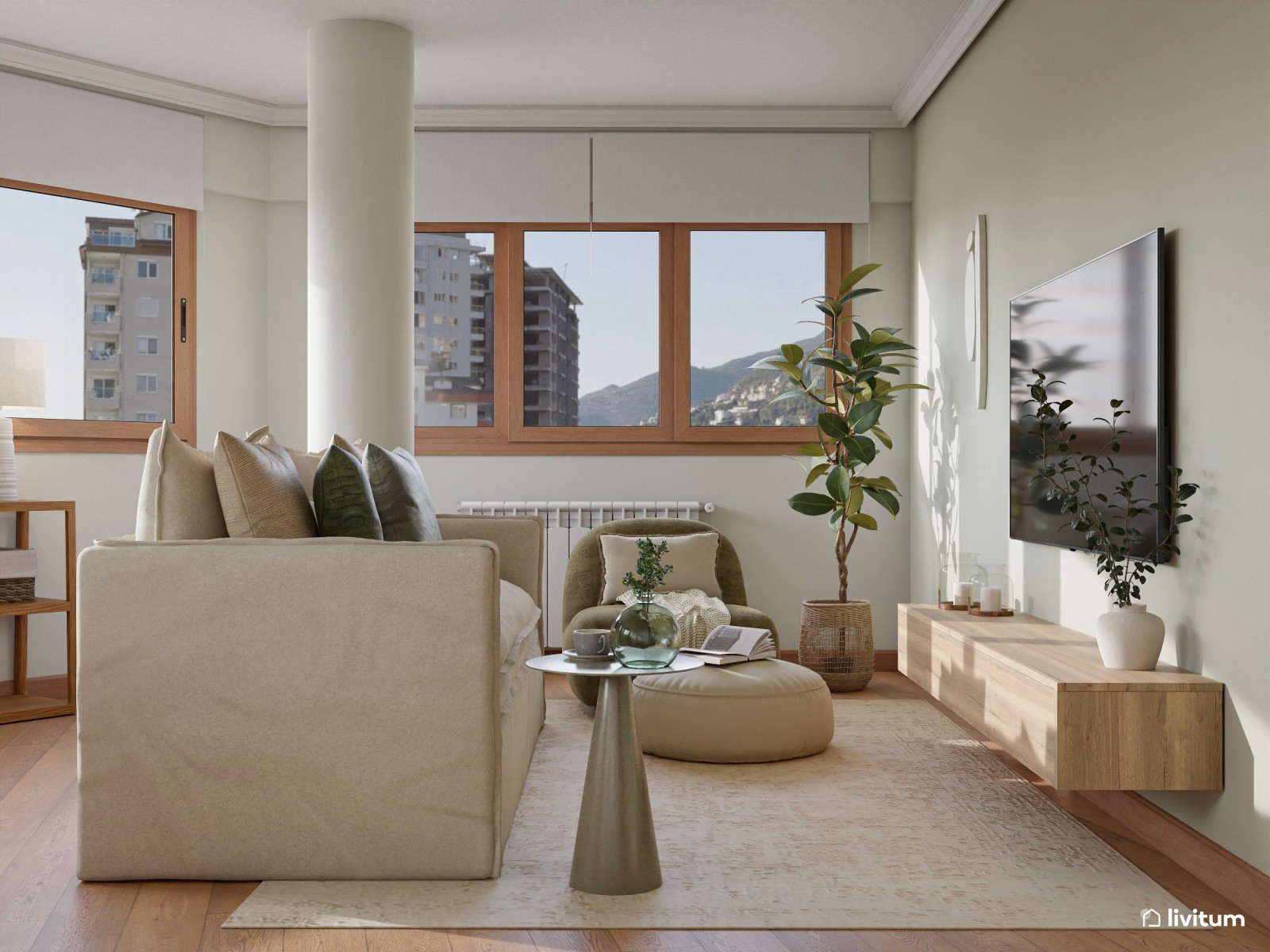  Elegante salón comedor de planta irregular con columnas