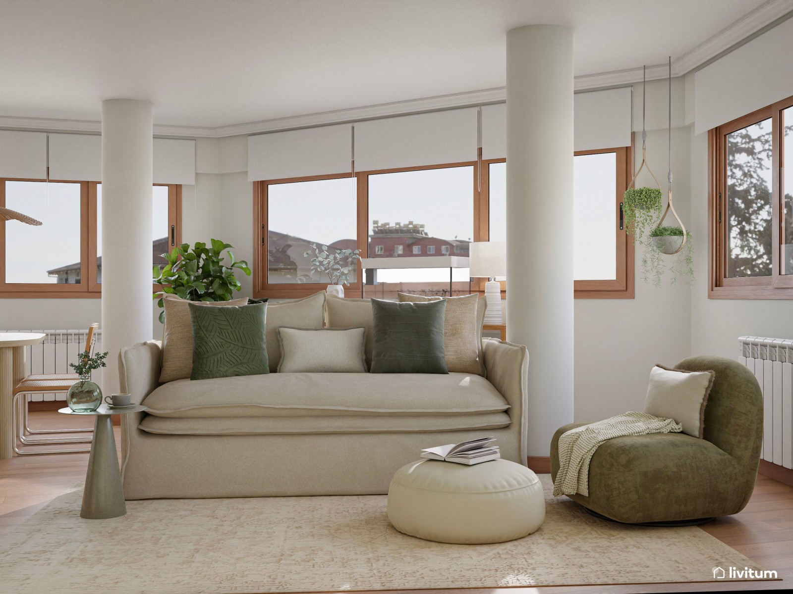  Elegante salón comedor de planta irregular con columnas