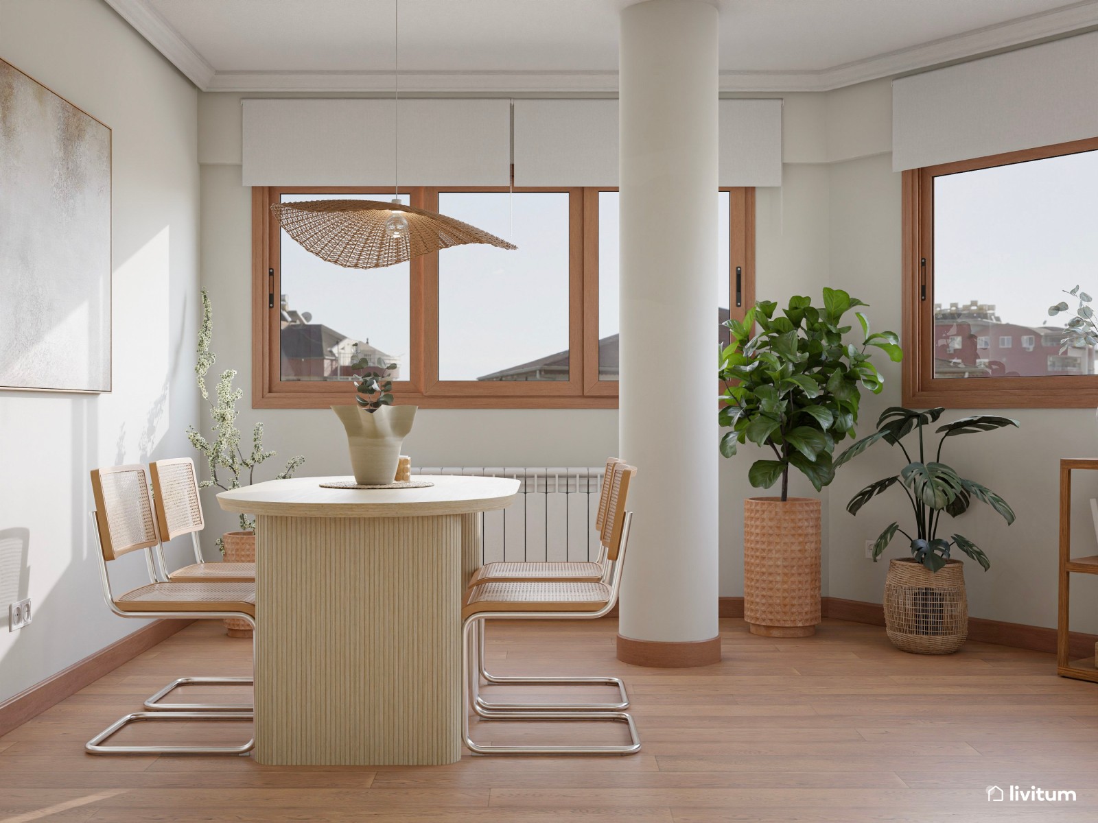  Elegante salón comedor de planta irregular con columnas