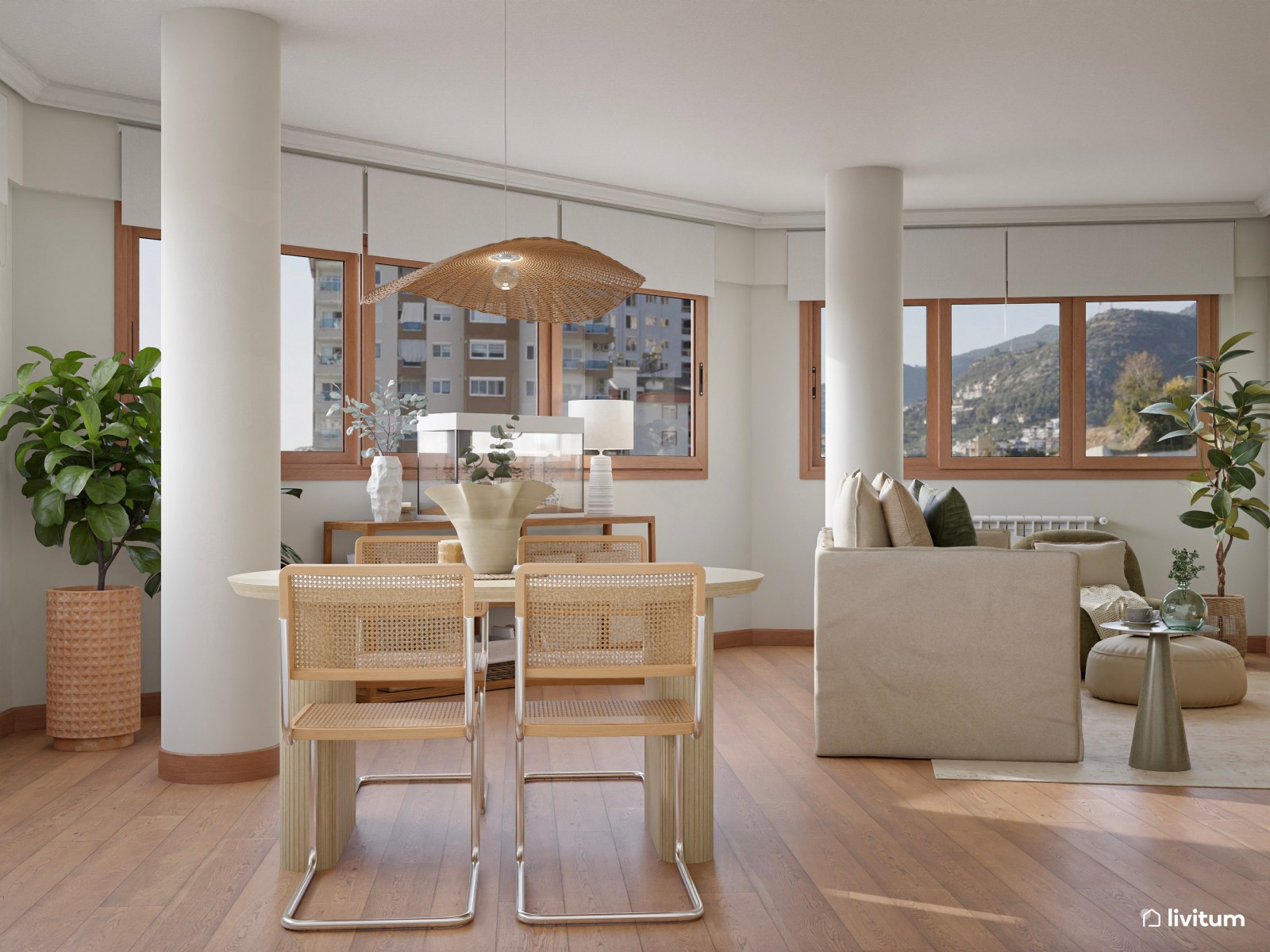  Elegante salón comedor de planta irregular con columnas