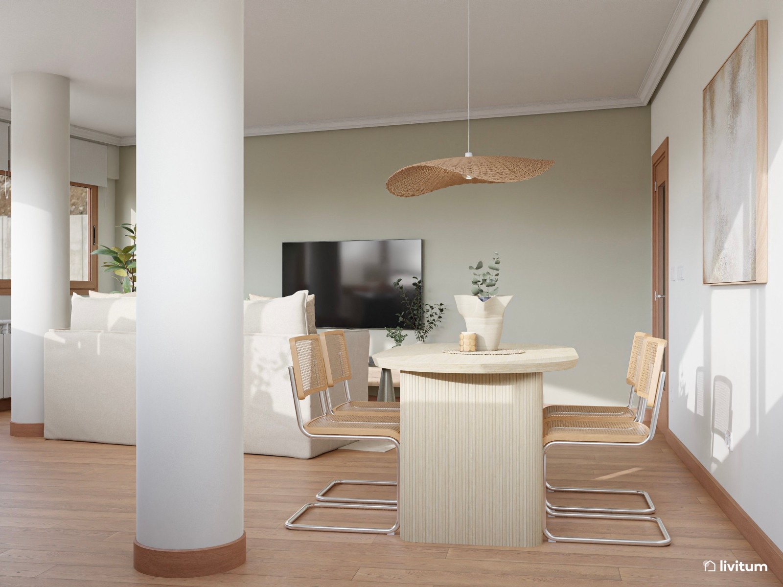  Elegante salón comedor de planta irregular con columnas