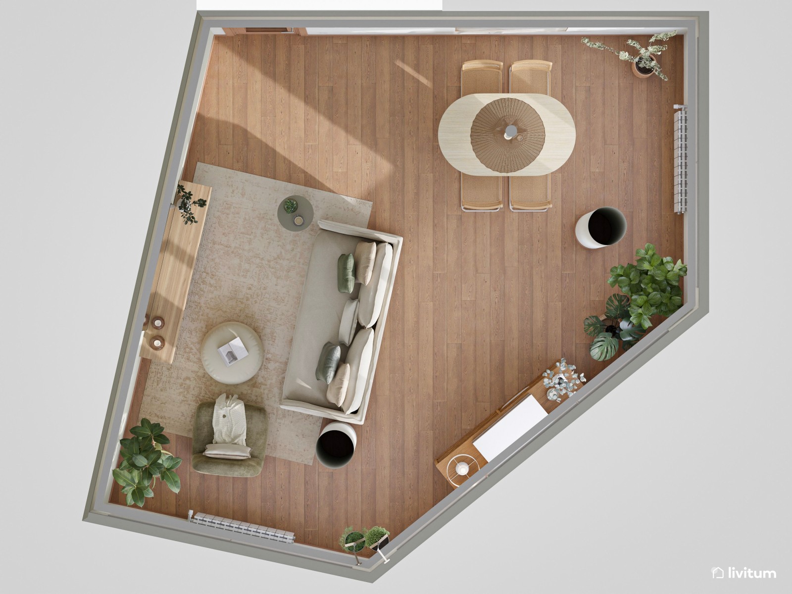  Elegante salón comedor de planta irregular con columnas